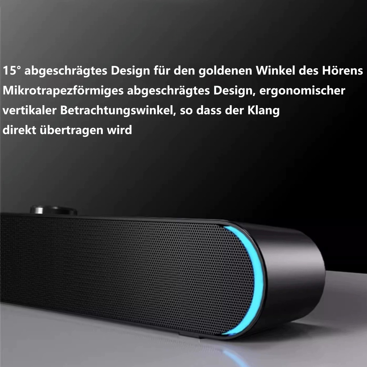 Schwarze Soundbar mit blauen Lichtakzenten, auf einer Oberfläche. Beschreibender Text oben.