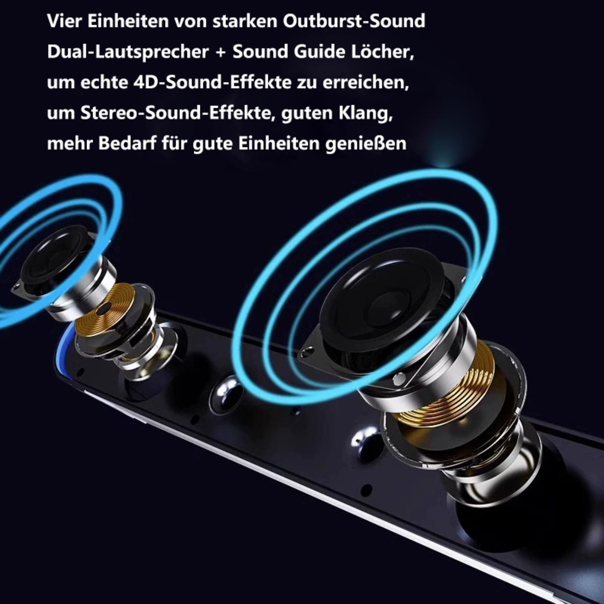 Nahaufnahme von Lautsprechern mit blauem Leuchtkontur, mit Text über 4D-Soundeffekte und Klarheit.
