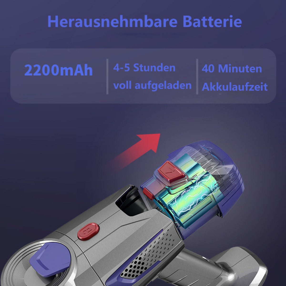 Ein Staubsauger, bei dem die Batterie die Komponenten zeigt.