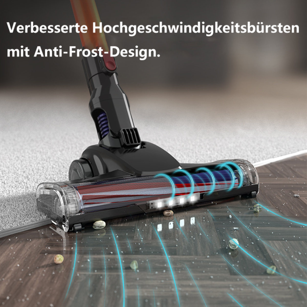 Vakuum-Bürstenkopf mit blauem Licht. Text: Verbesserte Hochgeschwindigkeitsbürsten mit Anti-Frost-Design.