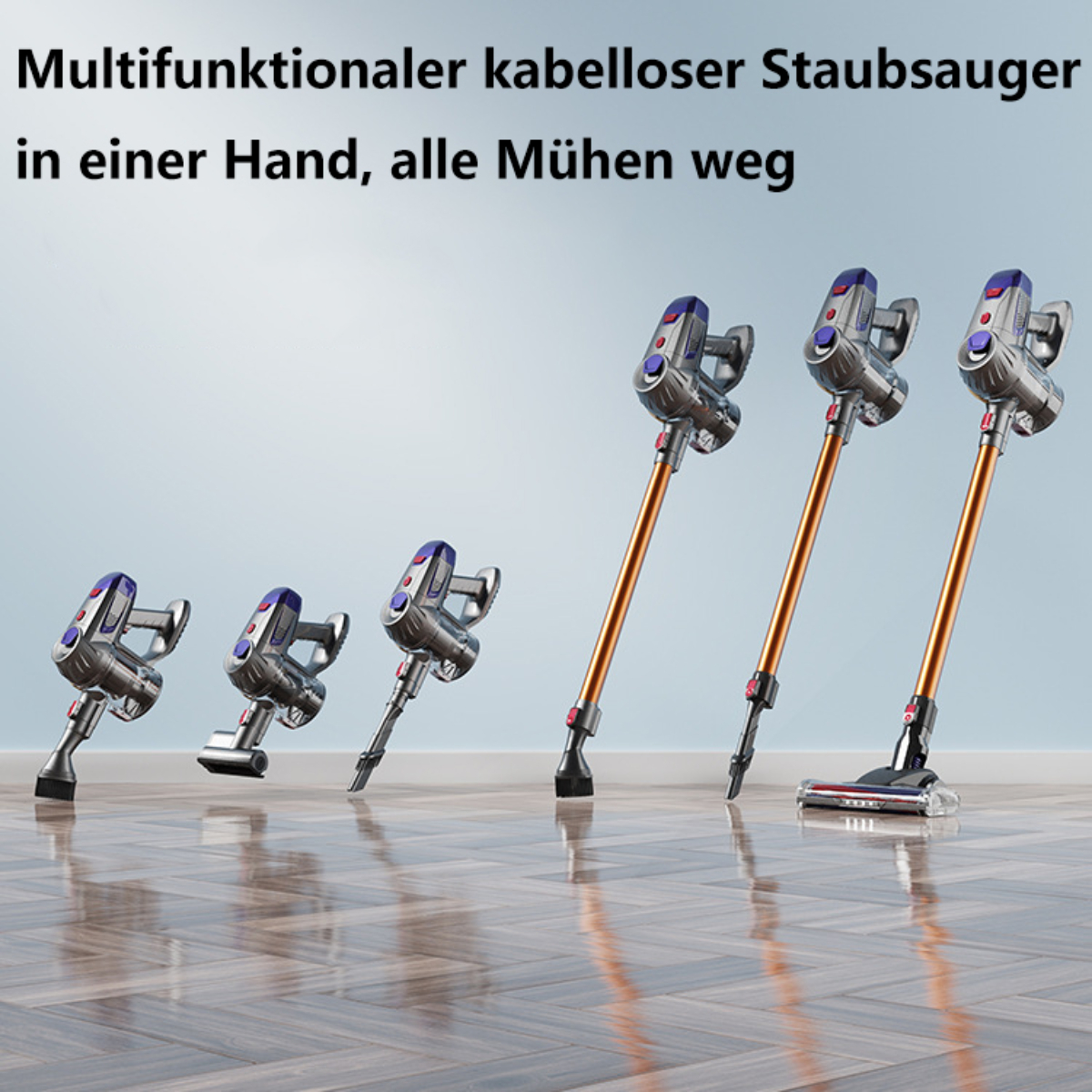 Mehrere kabellose Staubsauger auf einem Holzboden. Text oben.