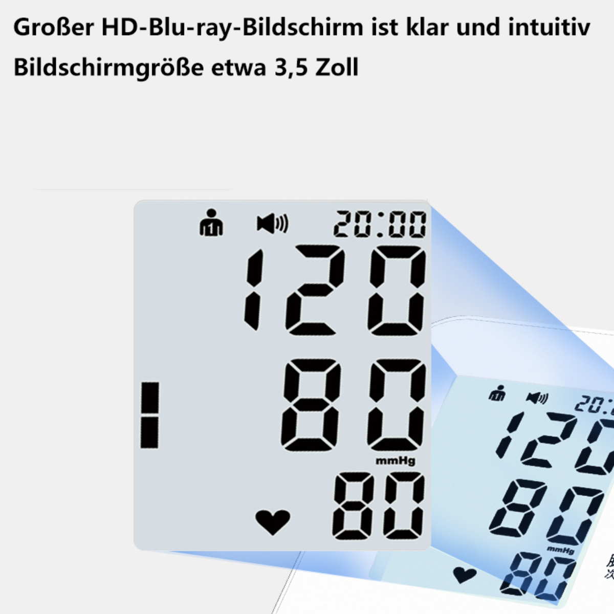 Ein digitales Blutdruckmessgerät, das Werte 120/80 anzeigt, mit einem Herzsymbol.