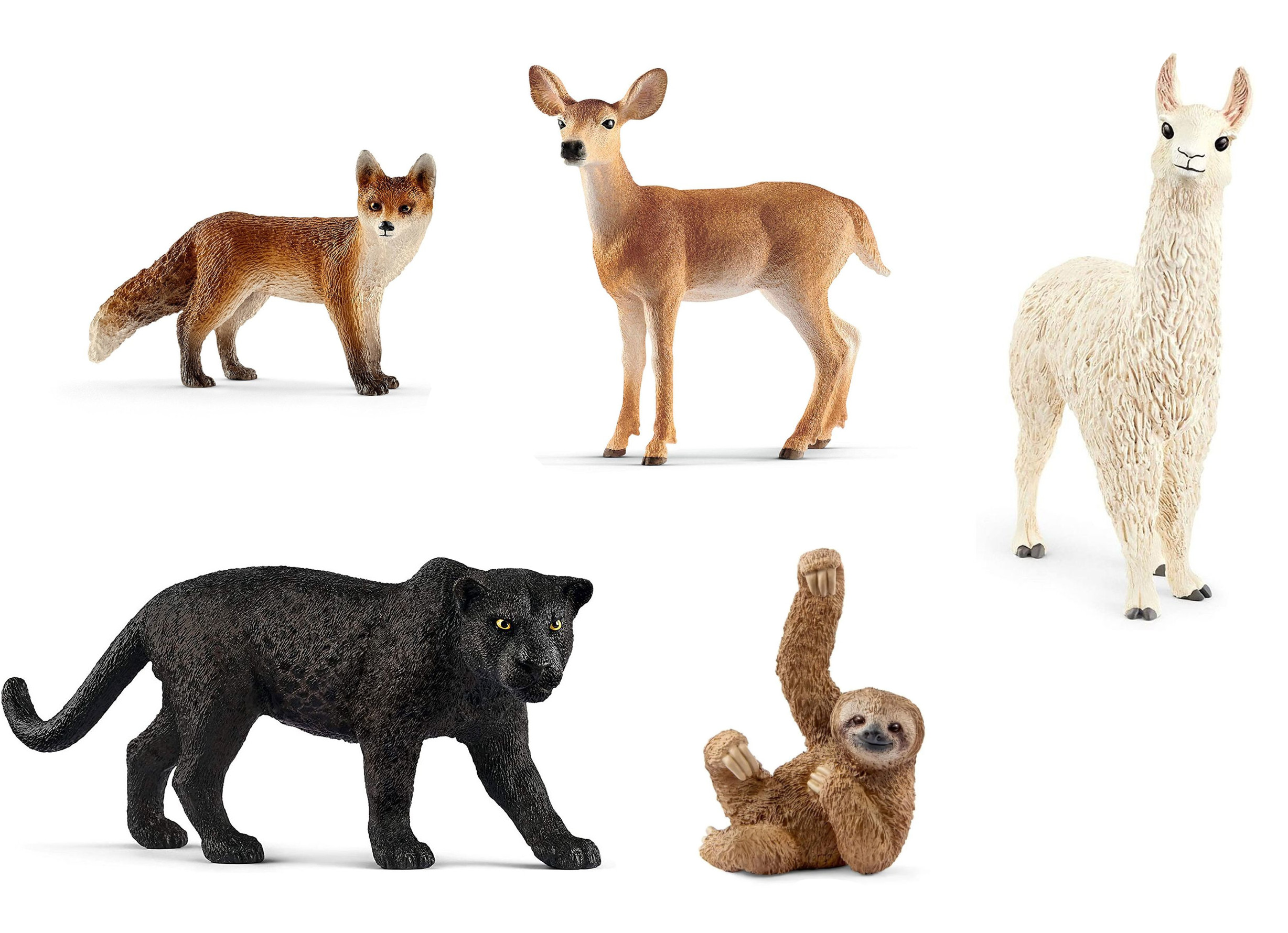 Fünf Tierfiguren: Fuchs, Hirsch, Lama, Panther und Faultier. Alle stehen auf weißem Untergrund.
