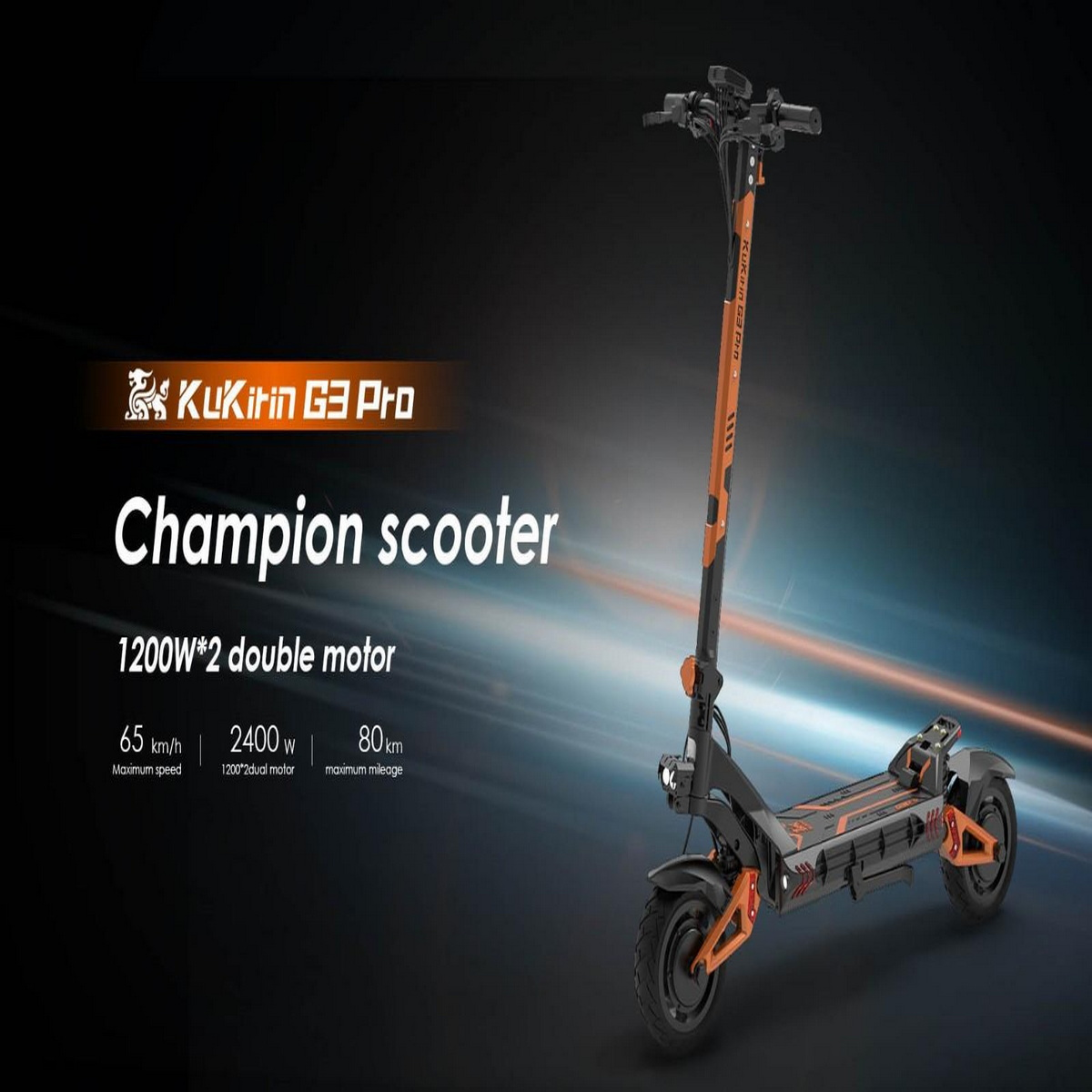 Schwarz-oranger Elektroroller mit Text 'Champion-Roller'.