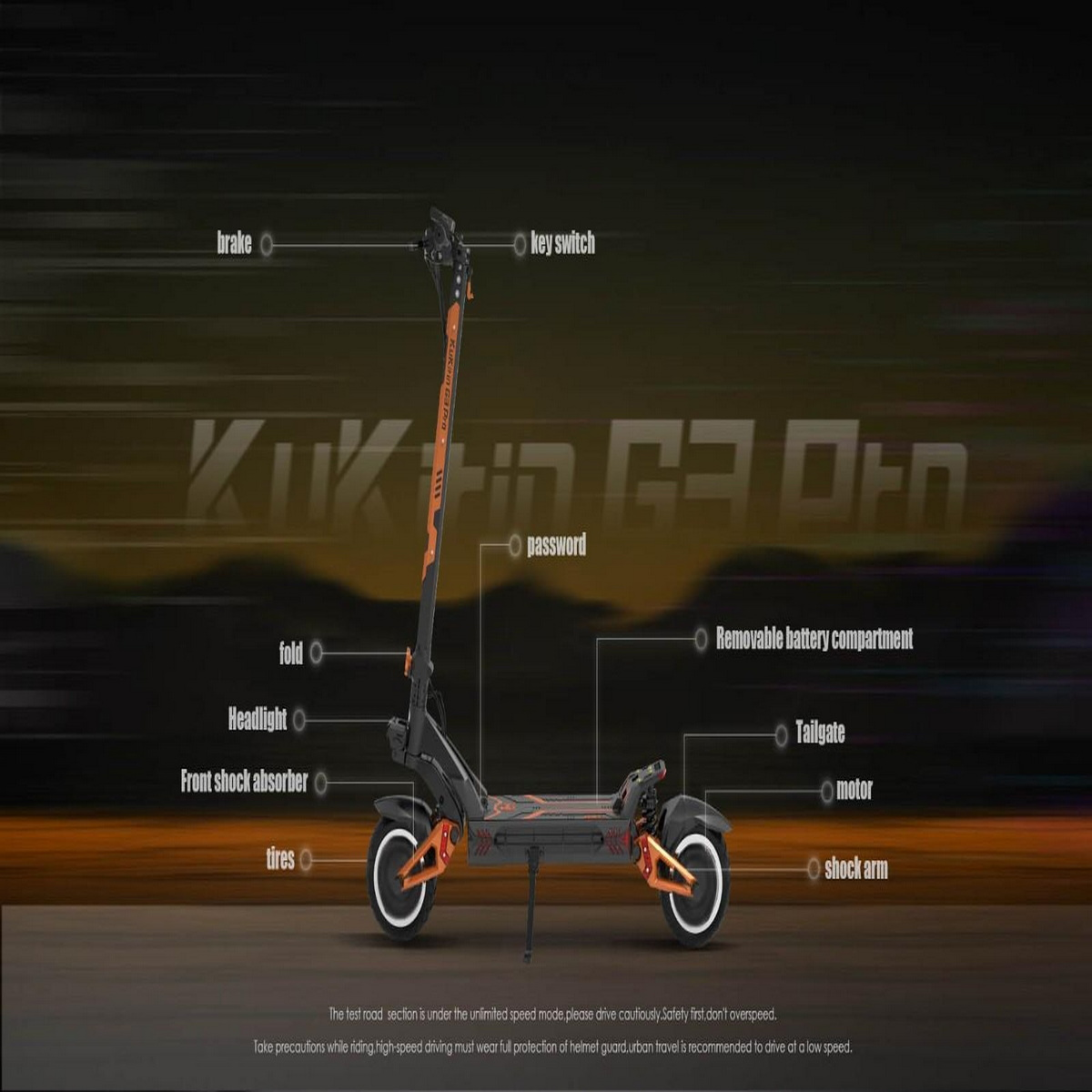 Elektroroller mit beschrifteten Teilen: Bremse, Schlüsselschalter, Passwort, Batterie, Scheinwerfer, Reifen, Motor, Stoßdämpfer.