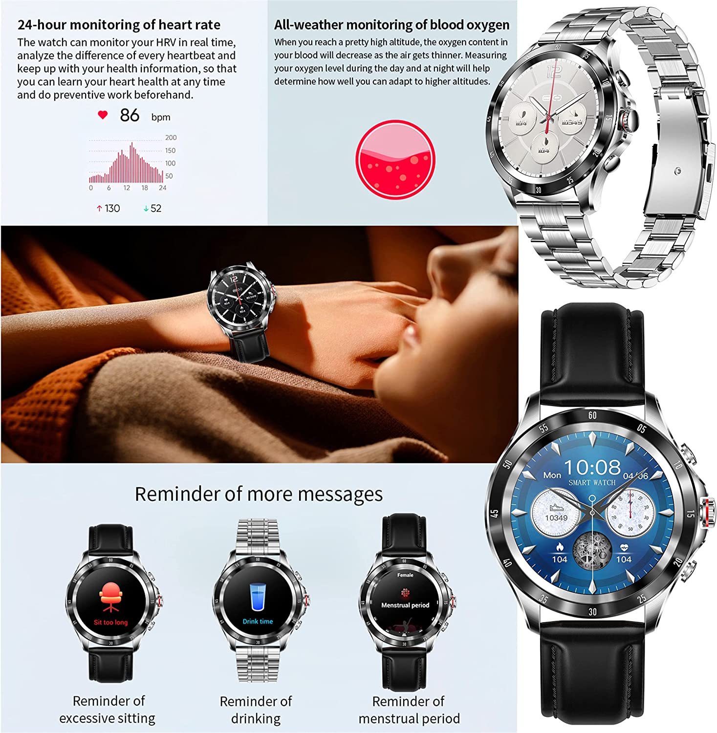 AMOLED MANIKE steel ionized - Smartwatch Stainless Smartwatch mm, 140 Business 210 NX1 black Leder, Schwarz