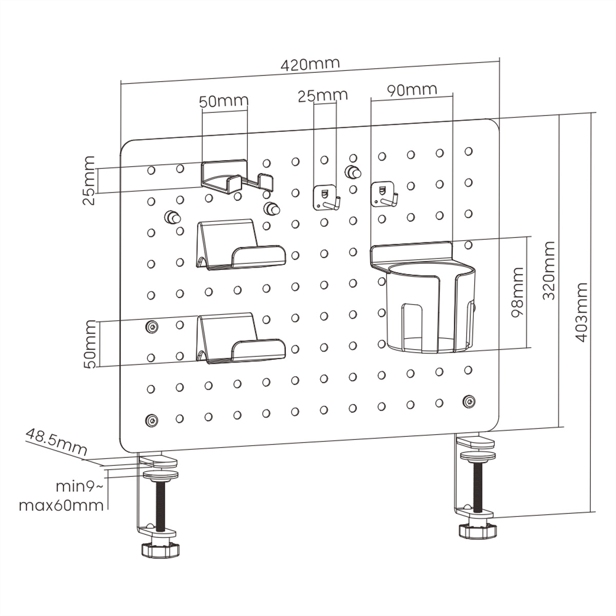 Diagramm einer Lochplatte mit Abmessungen und Zubehör.