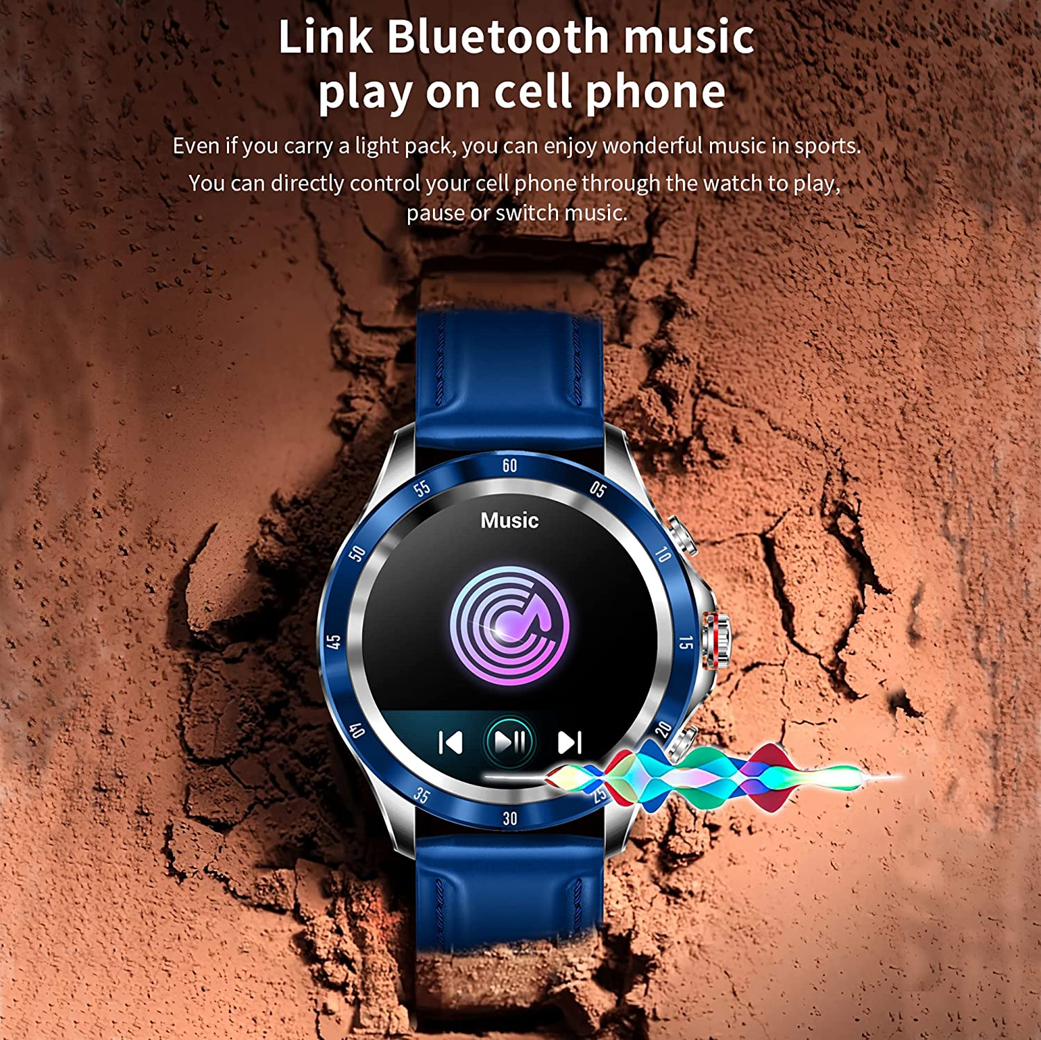 Smartwatch z interfejsem muzycznym na ekranie, z niebieskim skórzanym paskiem. Tło jest brązowe.