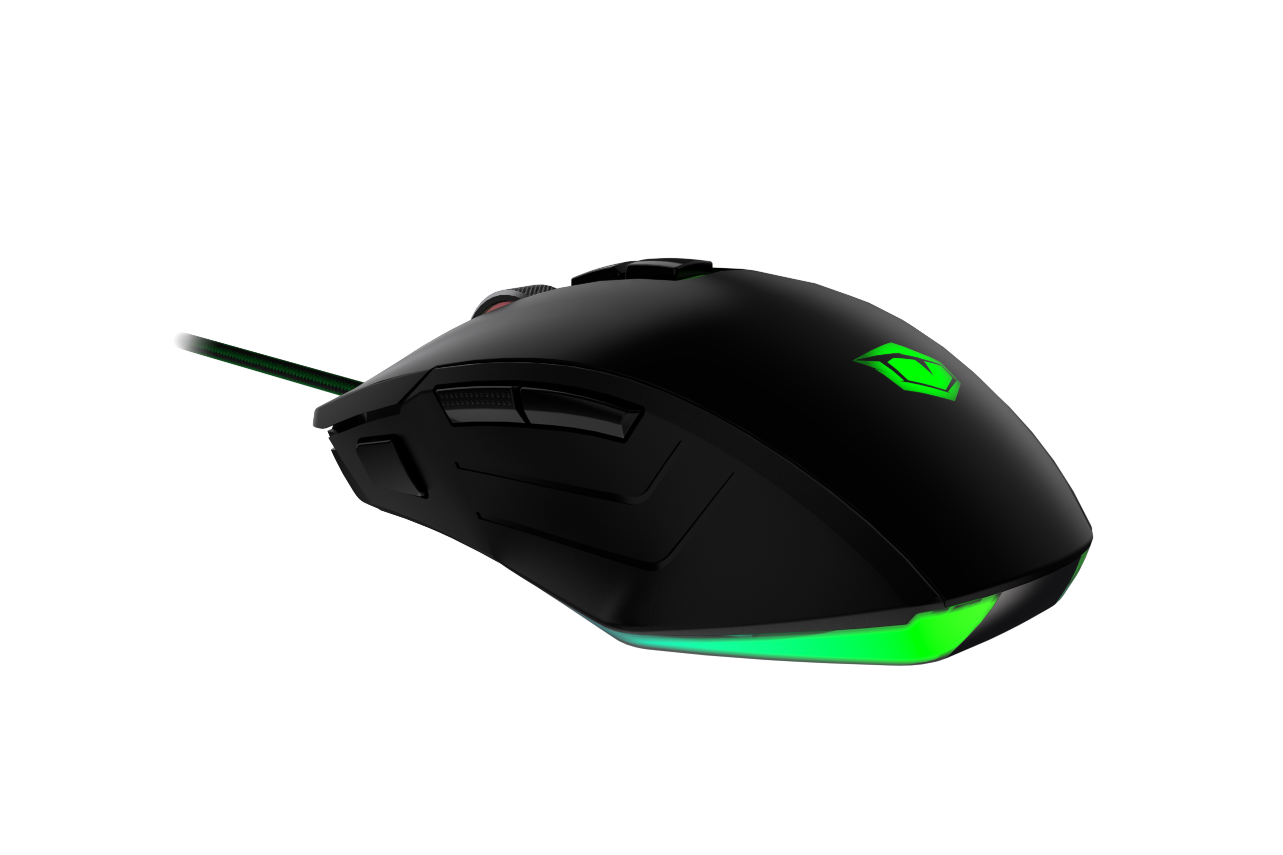 Schwarze Gaming-Maus mit grünen Lichtern, auf schwarzem Hintergrund.
