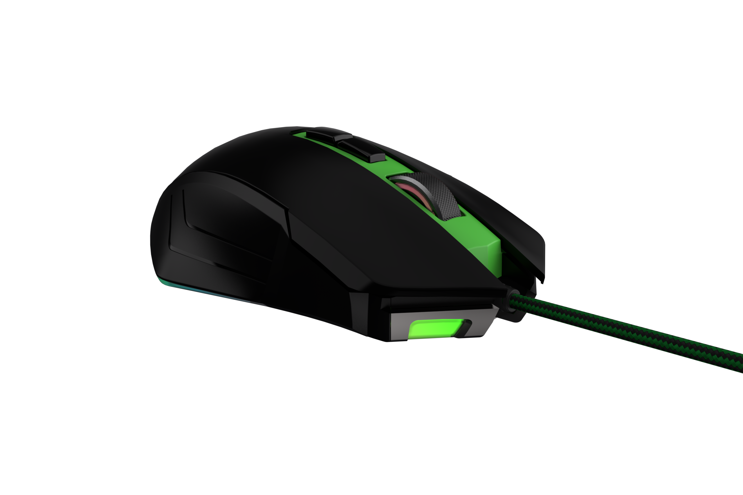 Eine schwarze Gaming-Maus mit grünen Akzenten und einer grün beleuchteten Seite. Sie hat ein Kabel.
