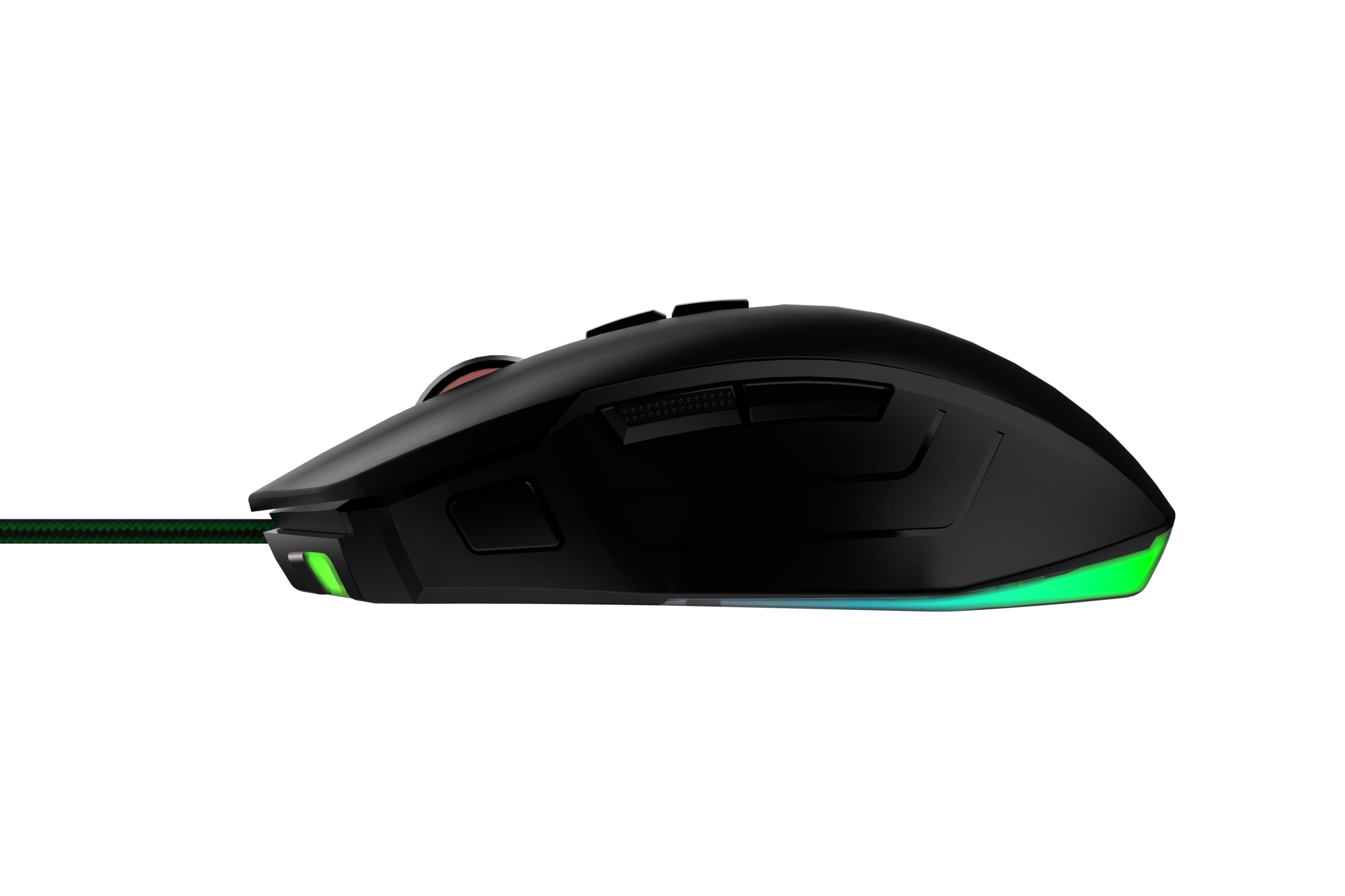 Schwarze Gaming-Maus mit grünen Akzenten, auf schwarzem Hintergrund.