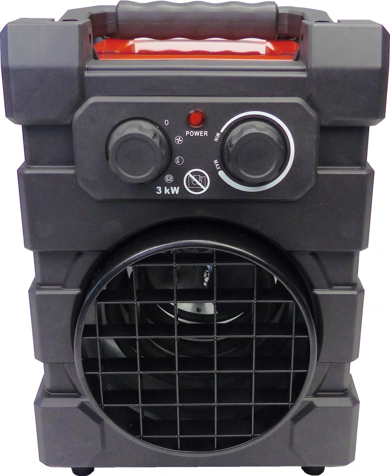 Schwarze Elektroheizung mit zwei Knöpfen, einem Ventilator und einem roten Licht oben.