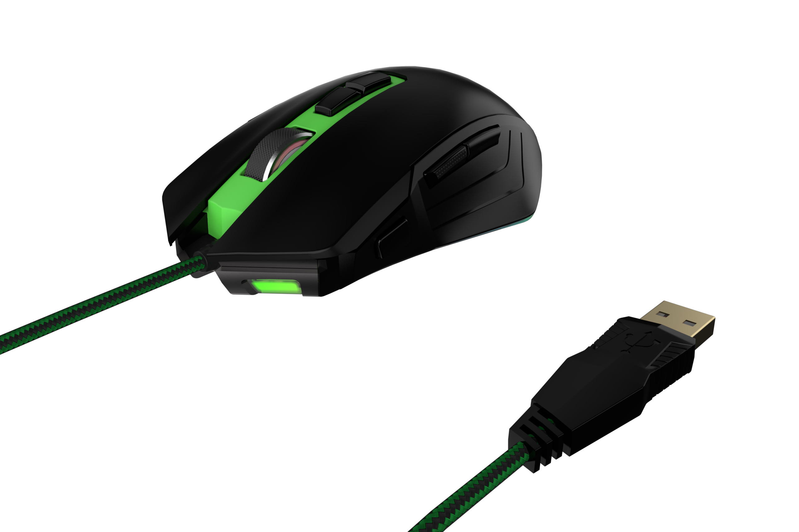 Schwarze und grüne Gaming-Maus mit USB-Kabel auf schwarzem Hintergrund.