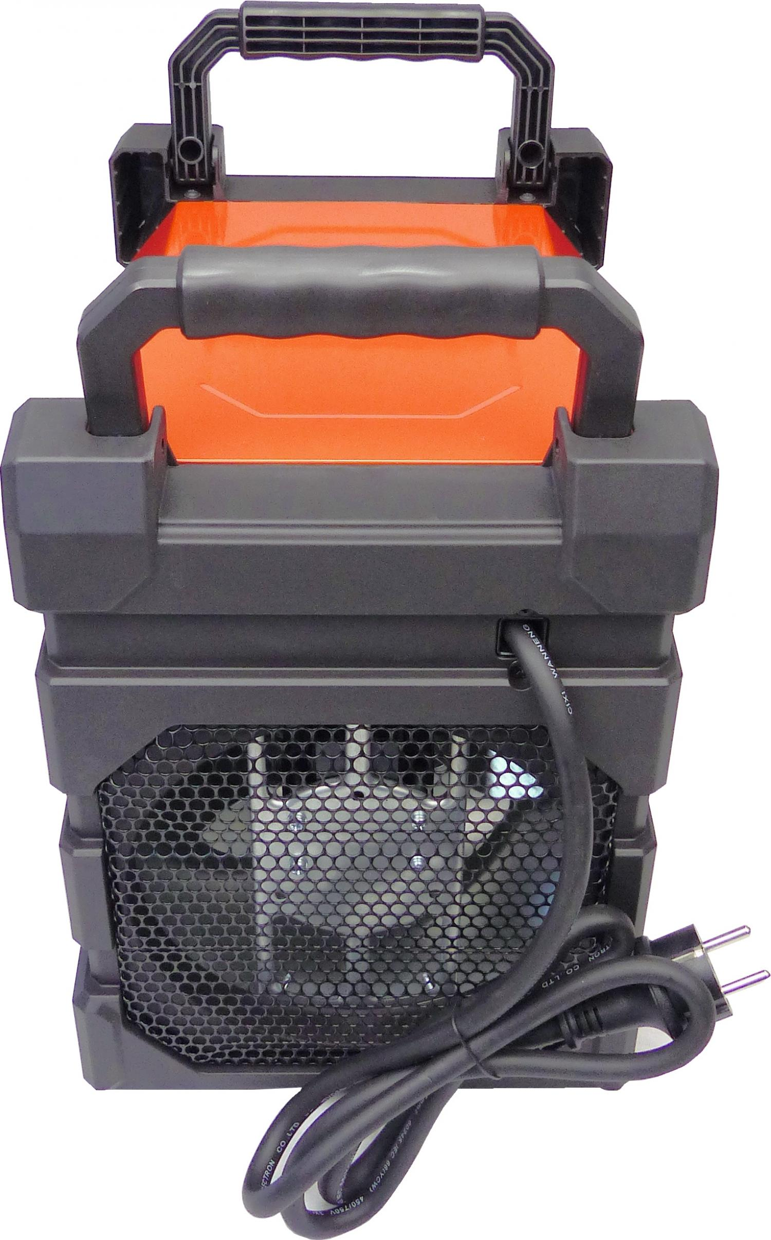 Schwarze und orangefarbene tragbare Stromstation mit Griff und Netzkabel.