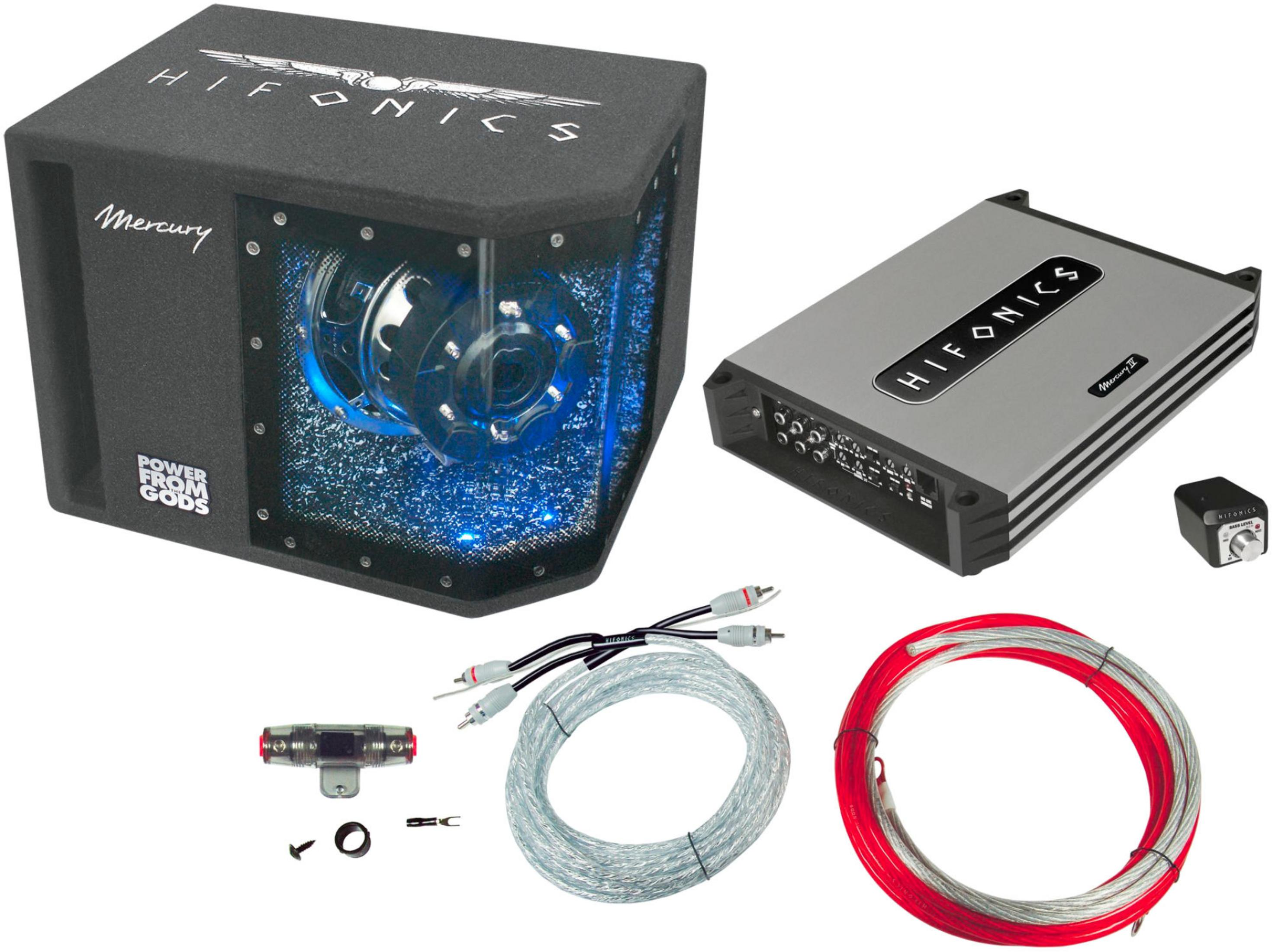 Auto-Audio-Setup: Subwoofer, Verstärker, Kabel und Verkabelung. Hifonics-Marke.