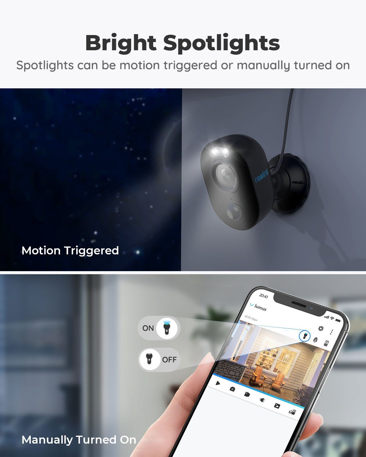 Eine Überwachungskamera mit einem Smartphone, das die Ansicht und die Einstellungen der Kamera anzeigt.