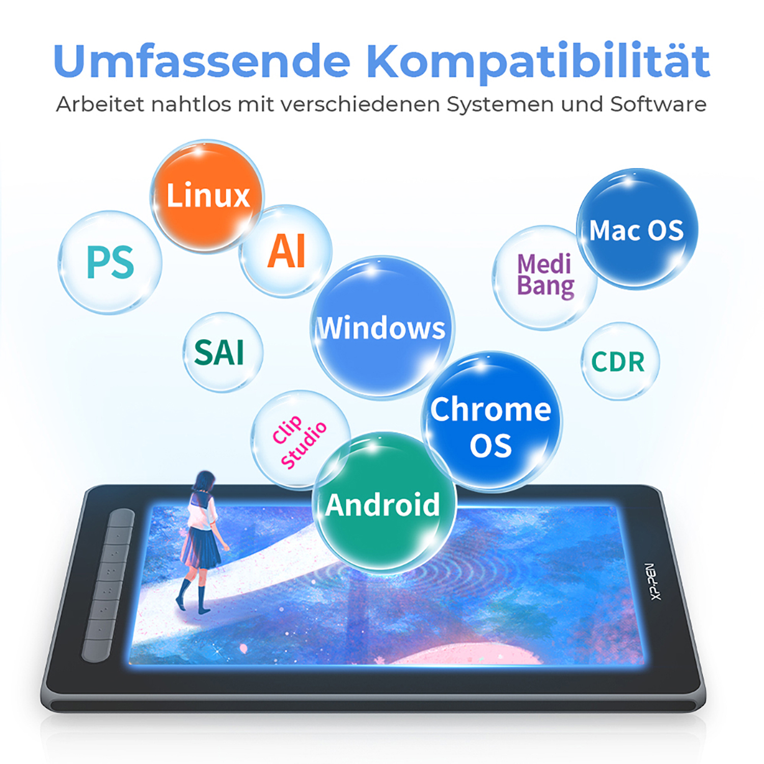 Tabletbildschirm mit verschiedenen Software-Symbolen. Ein Mädchen steht auf dem Bildschirm. Text: Umfassende Kompatibilität.
