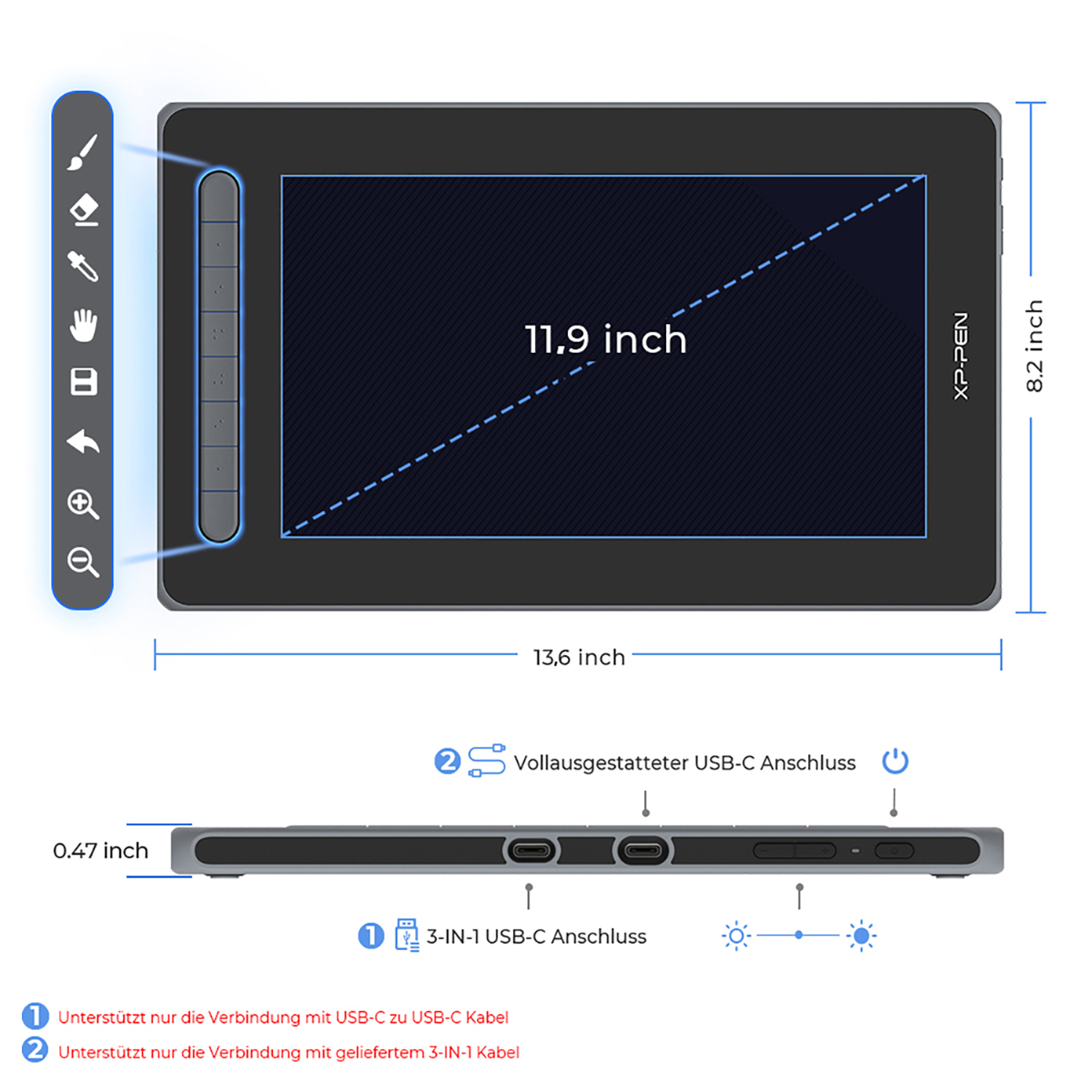 Grafiktablett mit Maßangaben, USB-C-Anschlüssen und Seitentasten, weißer Hintergrund.