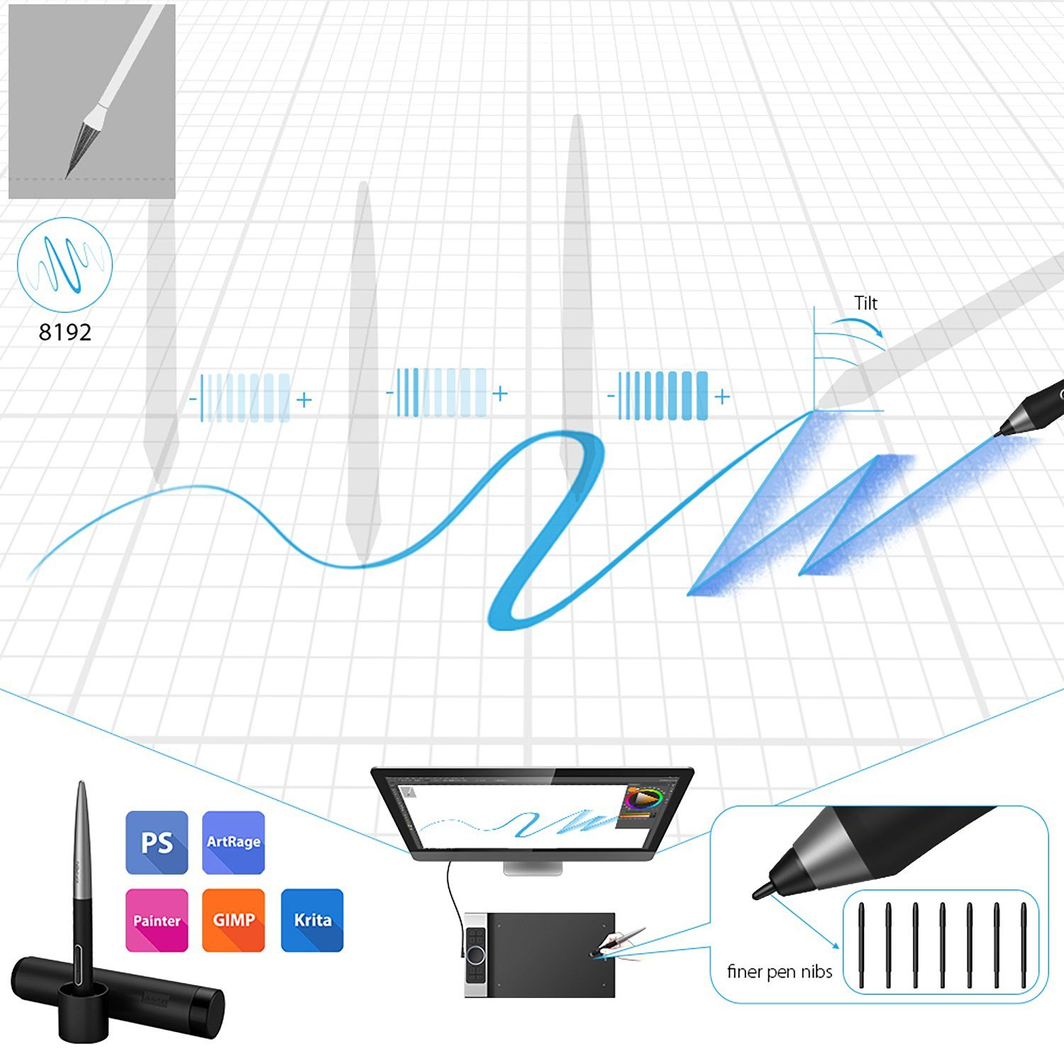 Diagrama de un lápiz de dibujo digital con una tableta e iconos de software.