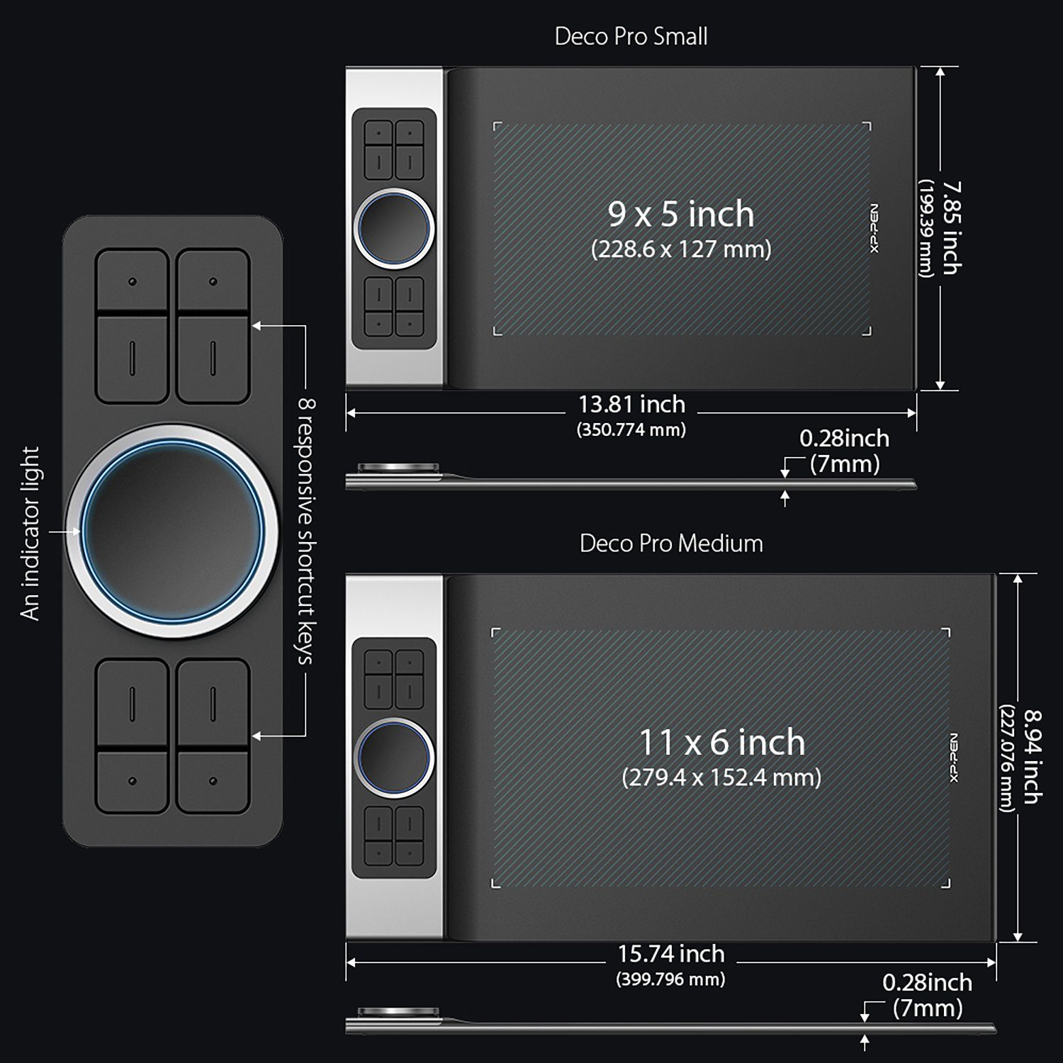 Tableta negra con botones y dial. Las dimensiones se muestran con texto.
