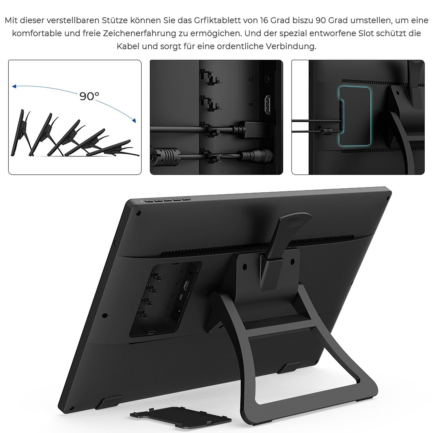 Tableta de dibujo negra con soporte ajustable. Tres inserciones de primeros planos de puertos y detalles de conexión de cables.