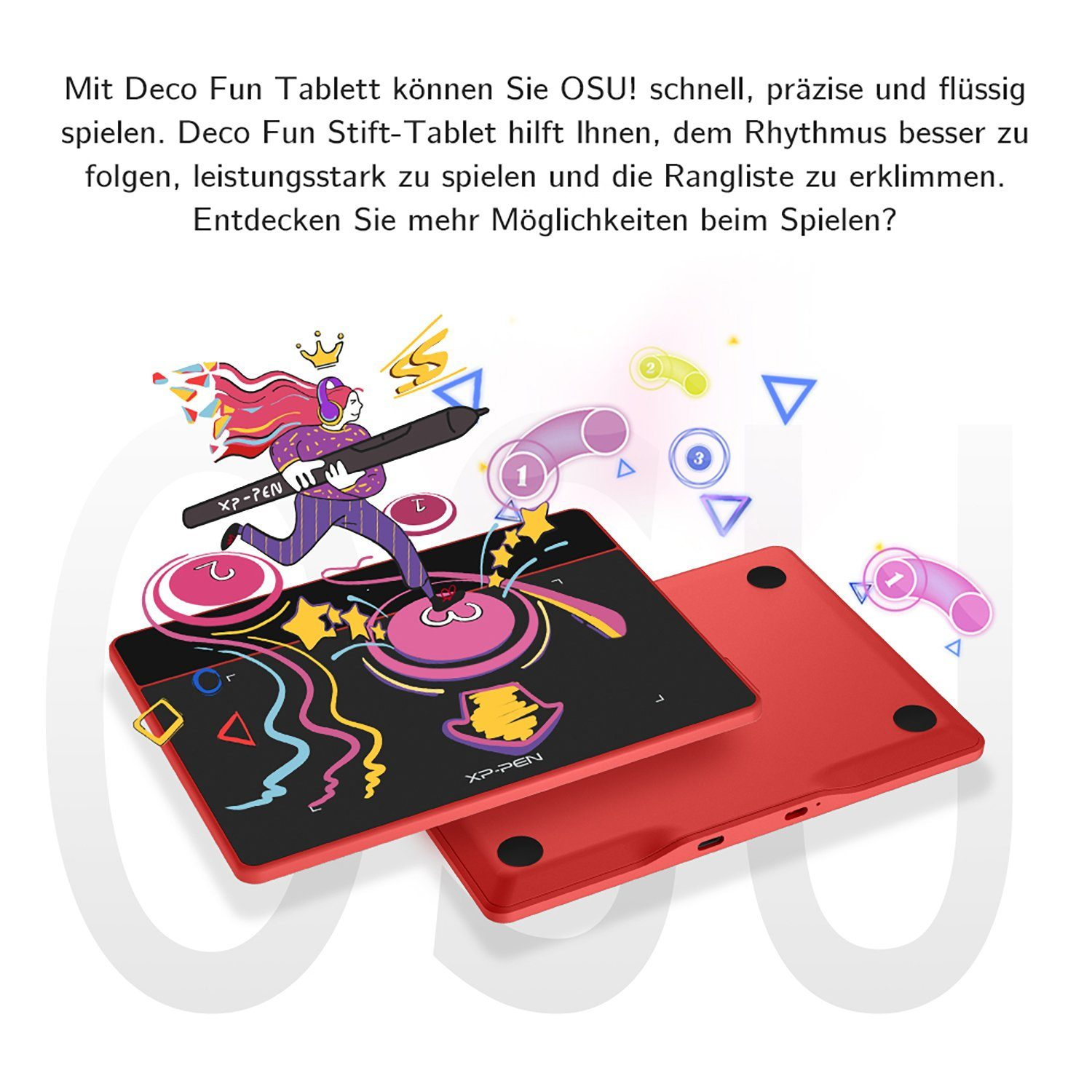 Tablet rosso, penna che disegna sopra. Figura dei cartoni animati. Un altro tablet sotto.