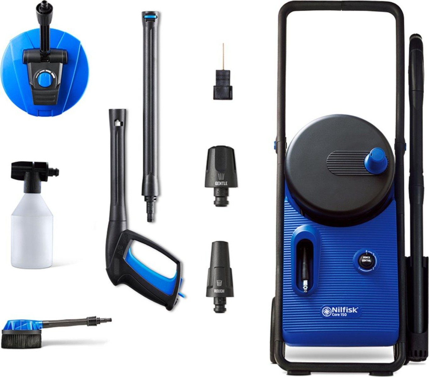 Niebiesko-czarna myjka ciśnieniowa Nilfisk z różnymi akcesoriami, w tym spryskiwaczem piany i różnymi dyszami.