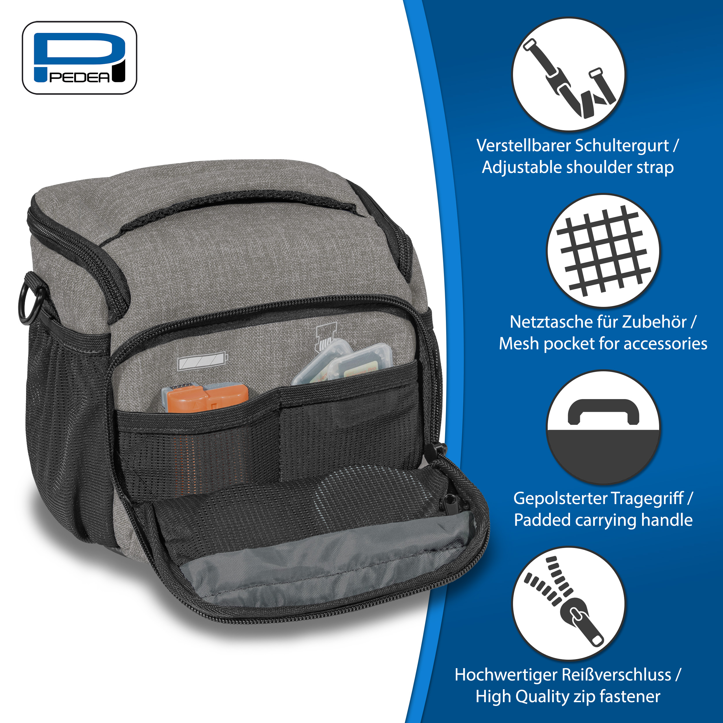 Graue Tasche mit offenen Taschen. Text und Diagramme der Taschenmerkmale.