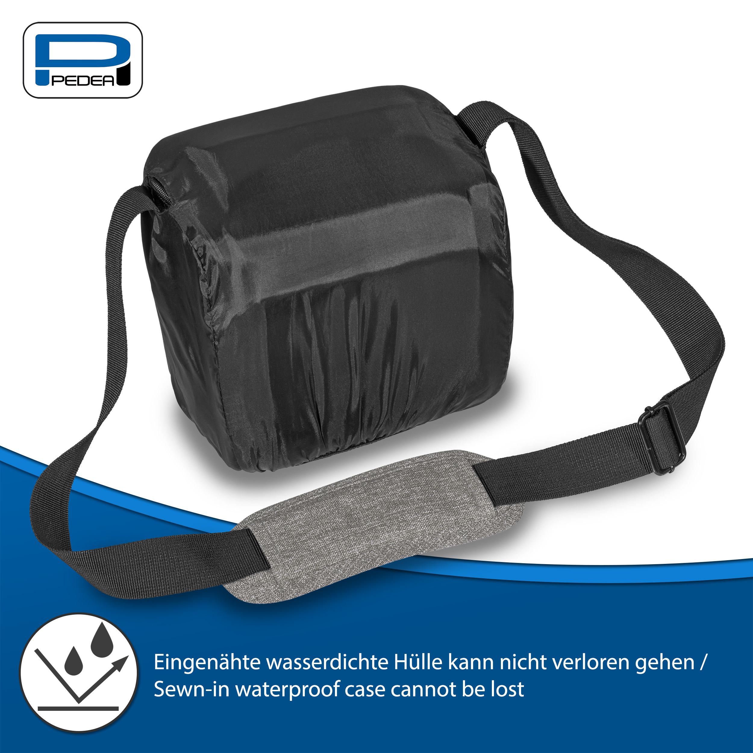 Schwarze Tasche mit grauem Gurt. Die Tasche liegt auf weißem Untergrund.