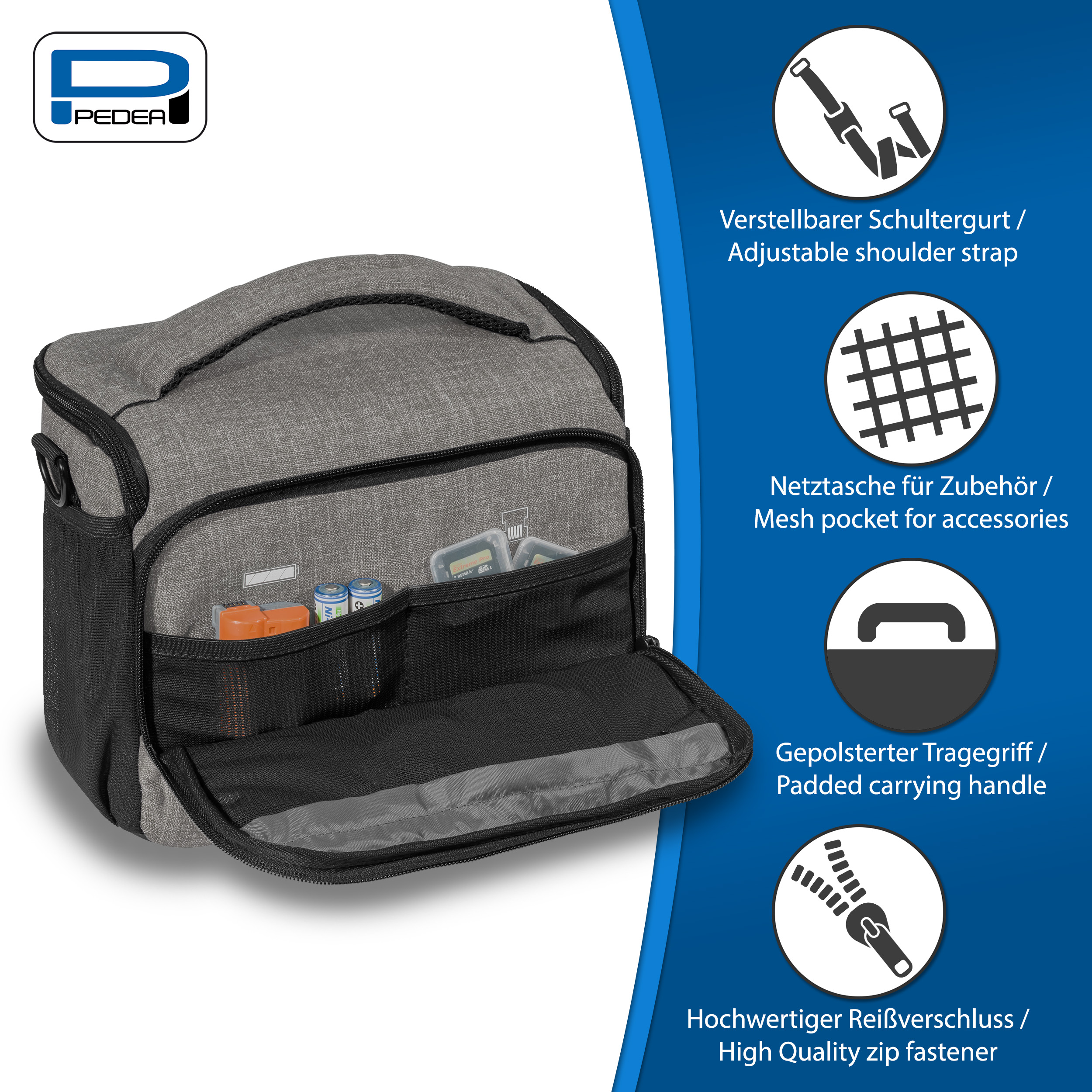 Graue isolierte Lunchtasche mit Taschen, Textbeschriftungen und Details.