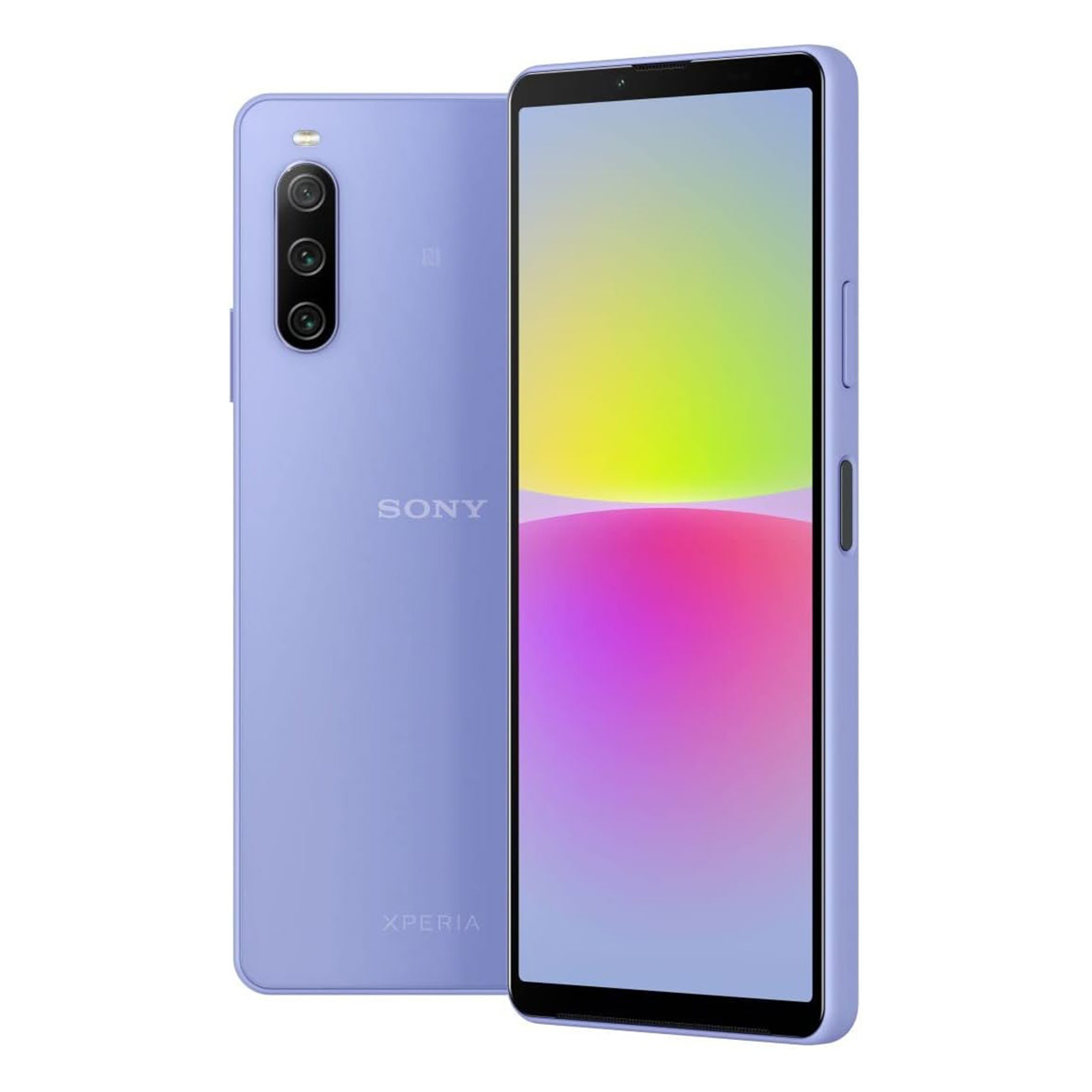 Dwa telefony, jeden z tyłu i jeden z przodu, niebieski kolor. Logo Sony Xperia z tyłu.