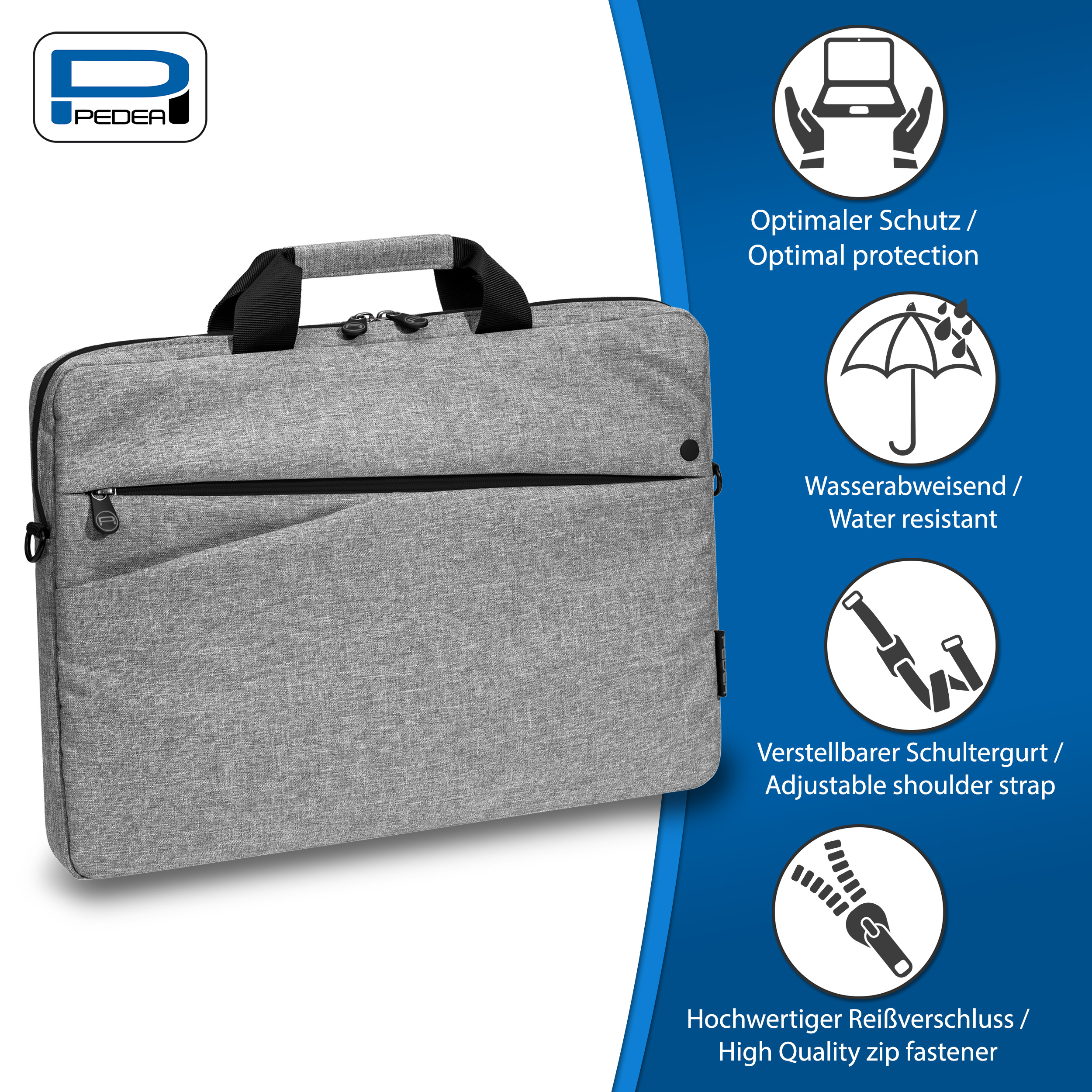 Graue Laptoptasche mit Griff, Reißverschluss und Symbolen für Schutz, Wasserfestigkeit und Gurt.