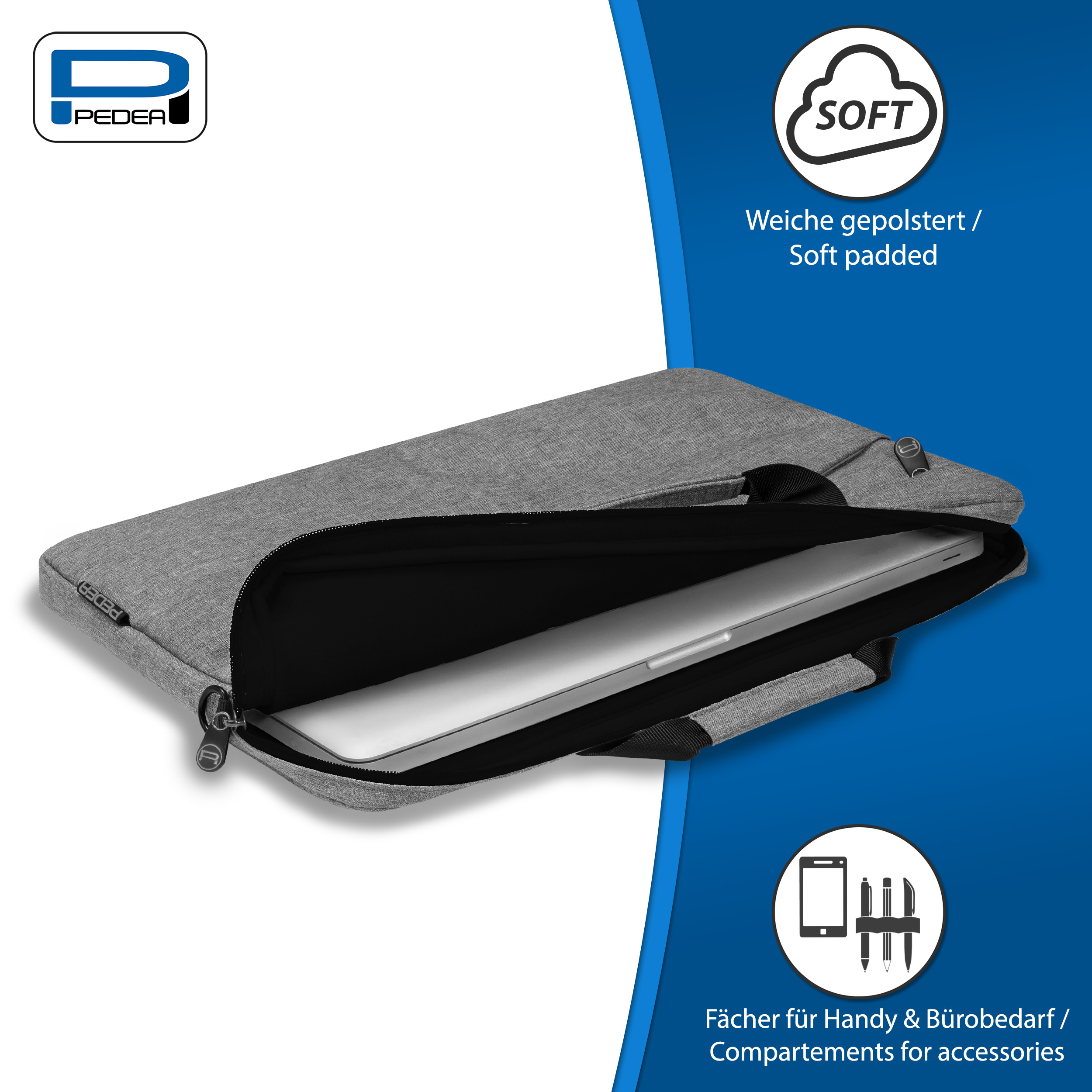 Graue Laptop-Hülle mit Reißverschluss. Etikett rechts mit Symbolen und Text.