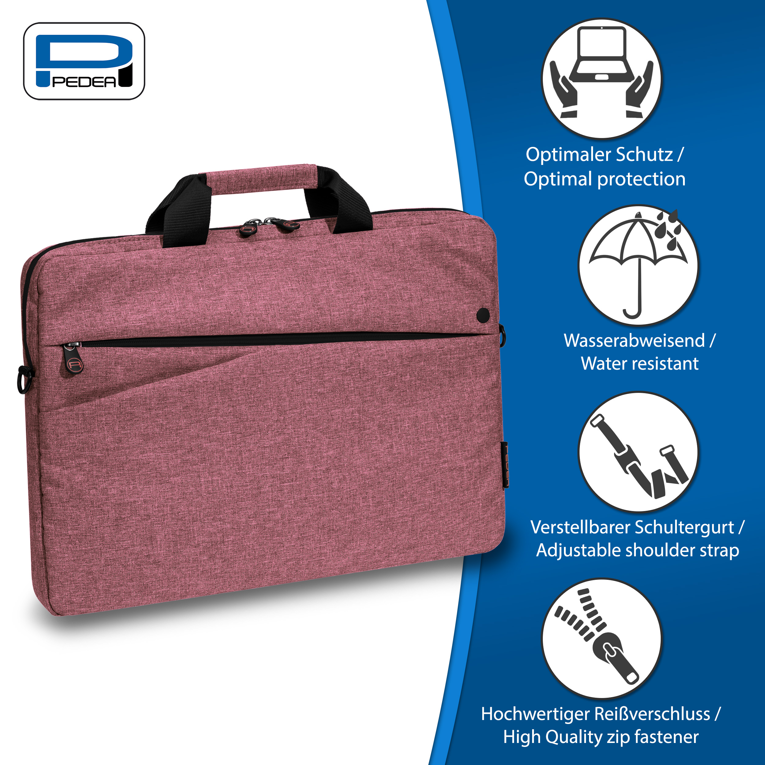 Eine rosa Laptoptasche mit schwarzem Griff und Reißverschluss, neben Symbolen für Schutz, Wasserbeständigkeit und verstellbaren Riemen.