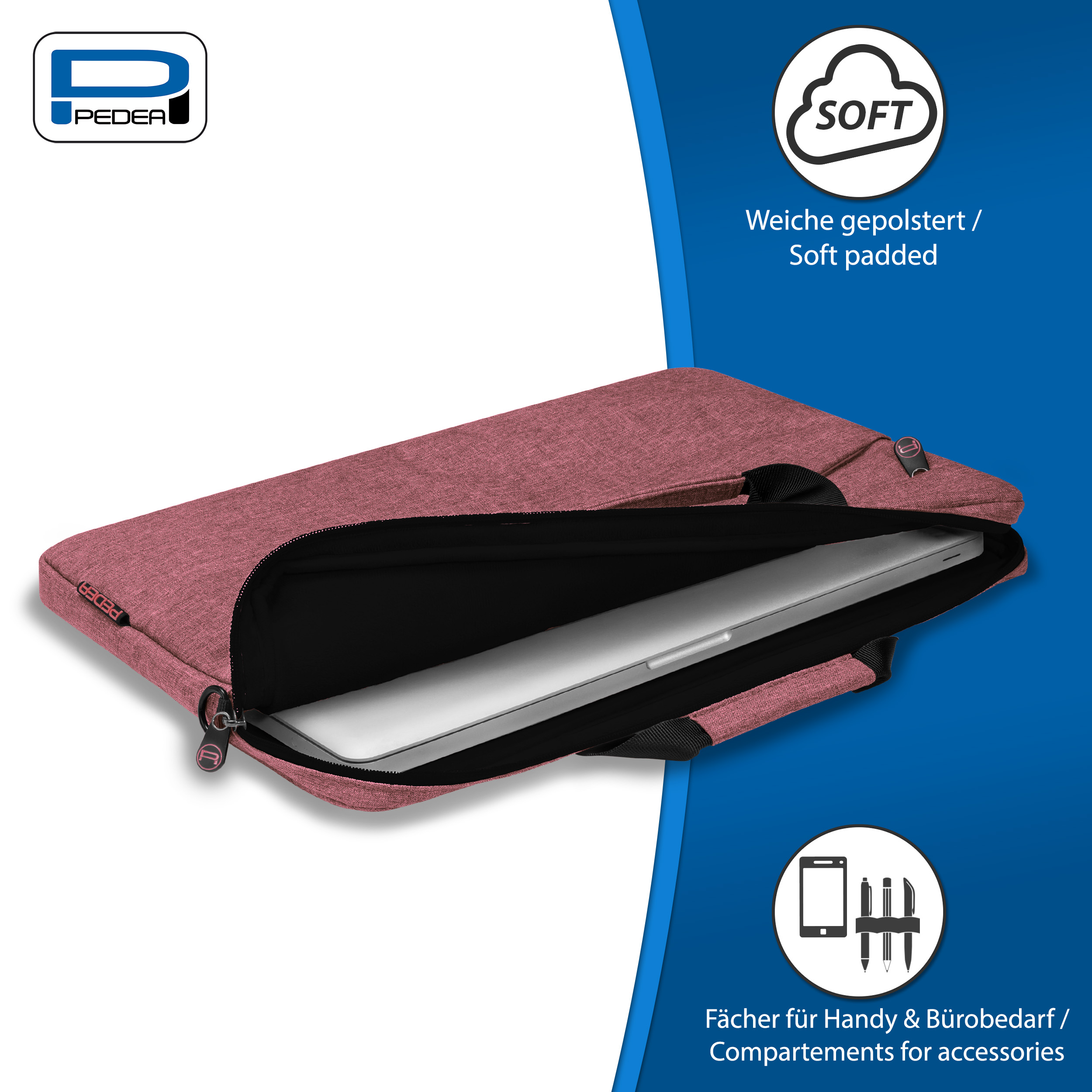 Rosa Laptop-Hülle offen, mit Reißverschluss und schwarzem Griff. Weich gepolstert und Fächer für Zubehör.