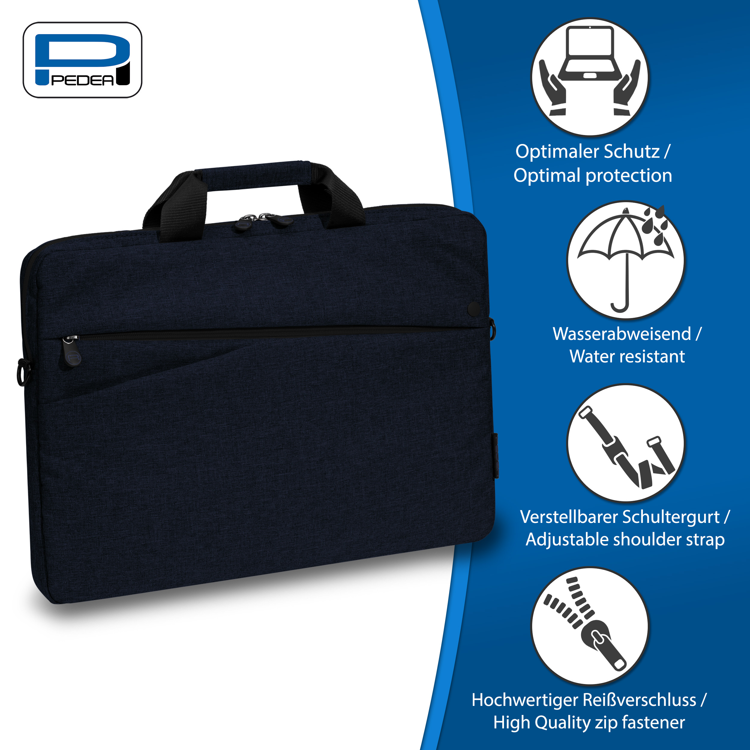 Blaue Laptoptasche mit Produktmerkmalsymbolen. Hintergrund: blau.