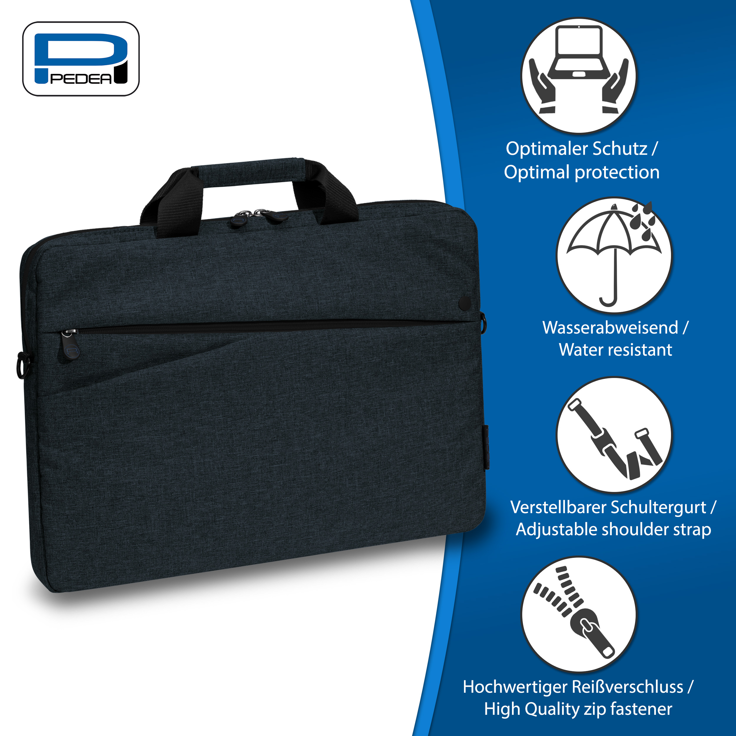 Schwarze Laptoptasche mit Symbolen für Schutz, Wasserfestigkeit und verstellbaren Gurt.