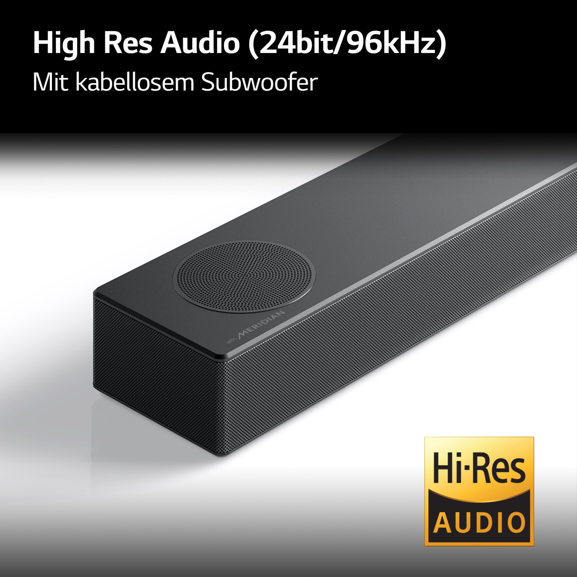 Schwarze Soundbar mit Lautsprecher. Oben steht „High Res Audio“. Es gibt einen Hi-Res Audio Aufkleber.