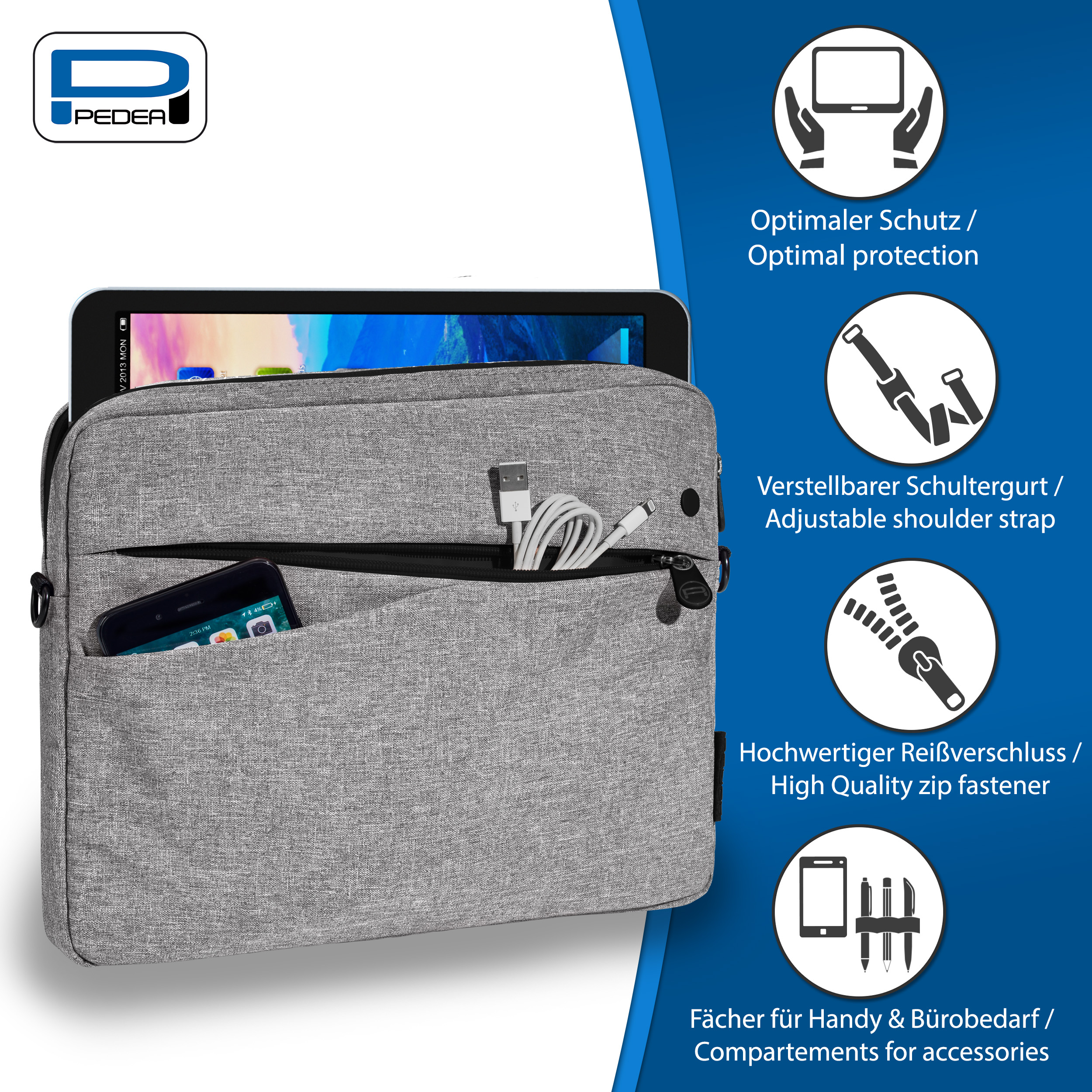 Eine graue Tablet-Hülle mit einem Tablet und einem Smartphone sowie Zubehör.