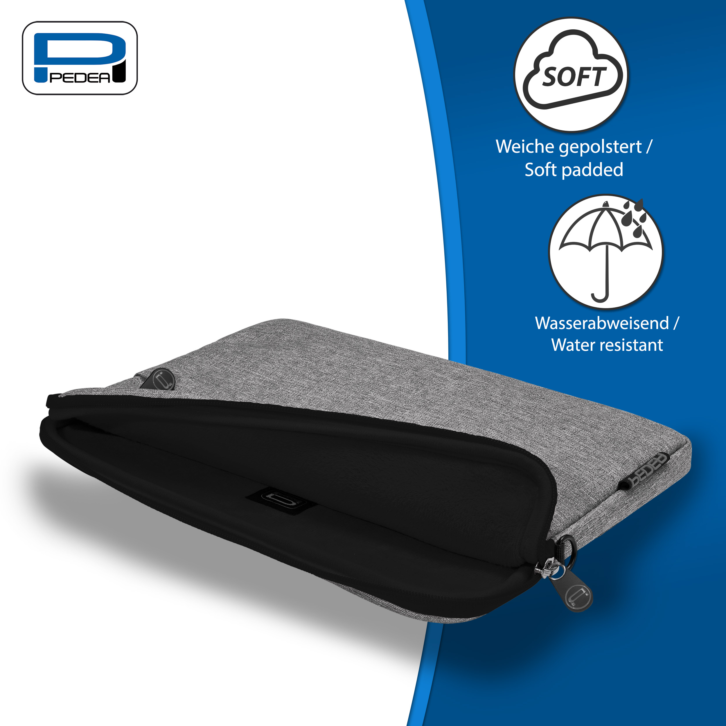 Eine graue Laptoptasche. Sie ist weich, wasserabweisend und hat einen schwarzen Reißverschluss.