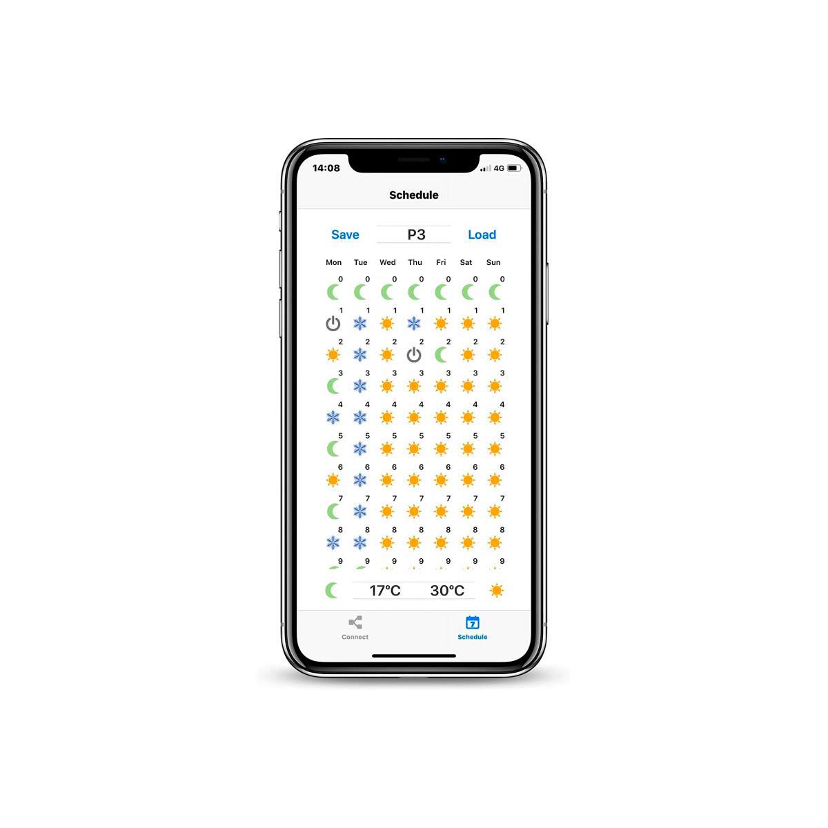 Pantalla de teléfono inteligente con una aplicación de programación. Muestra iconos meteorológicos y temperatura.