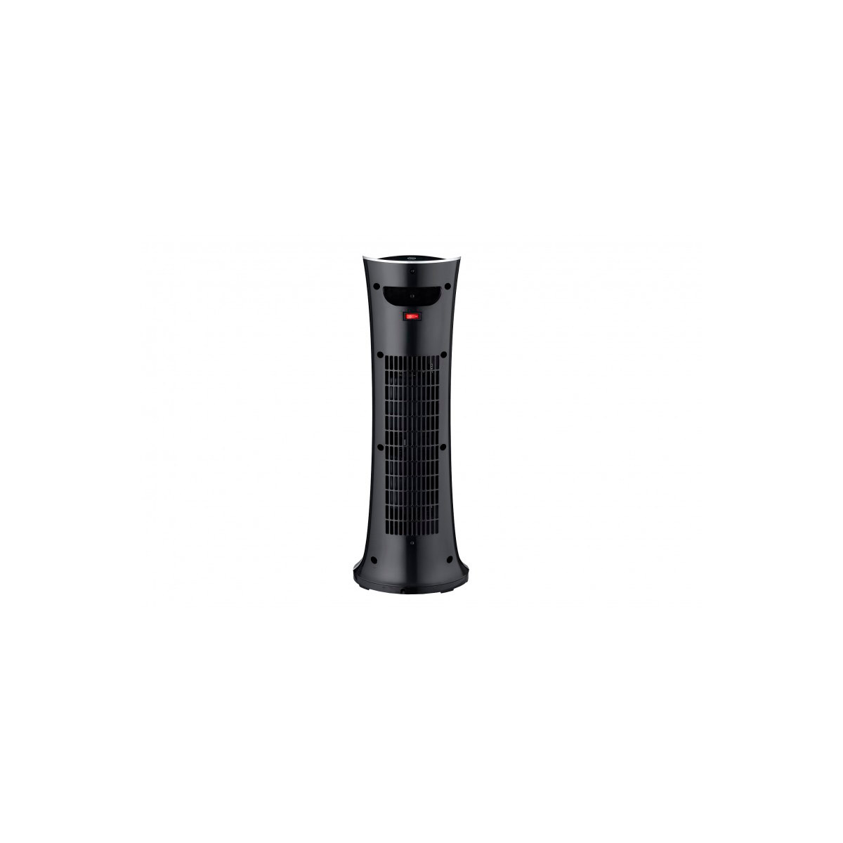 Un ventilador de torre negro y alto, de pie. Tiene una rejilla de ventilación y un pequeño botón rojo.