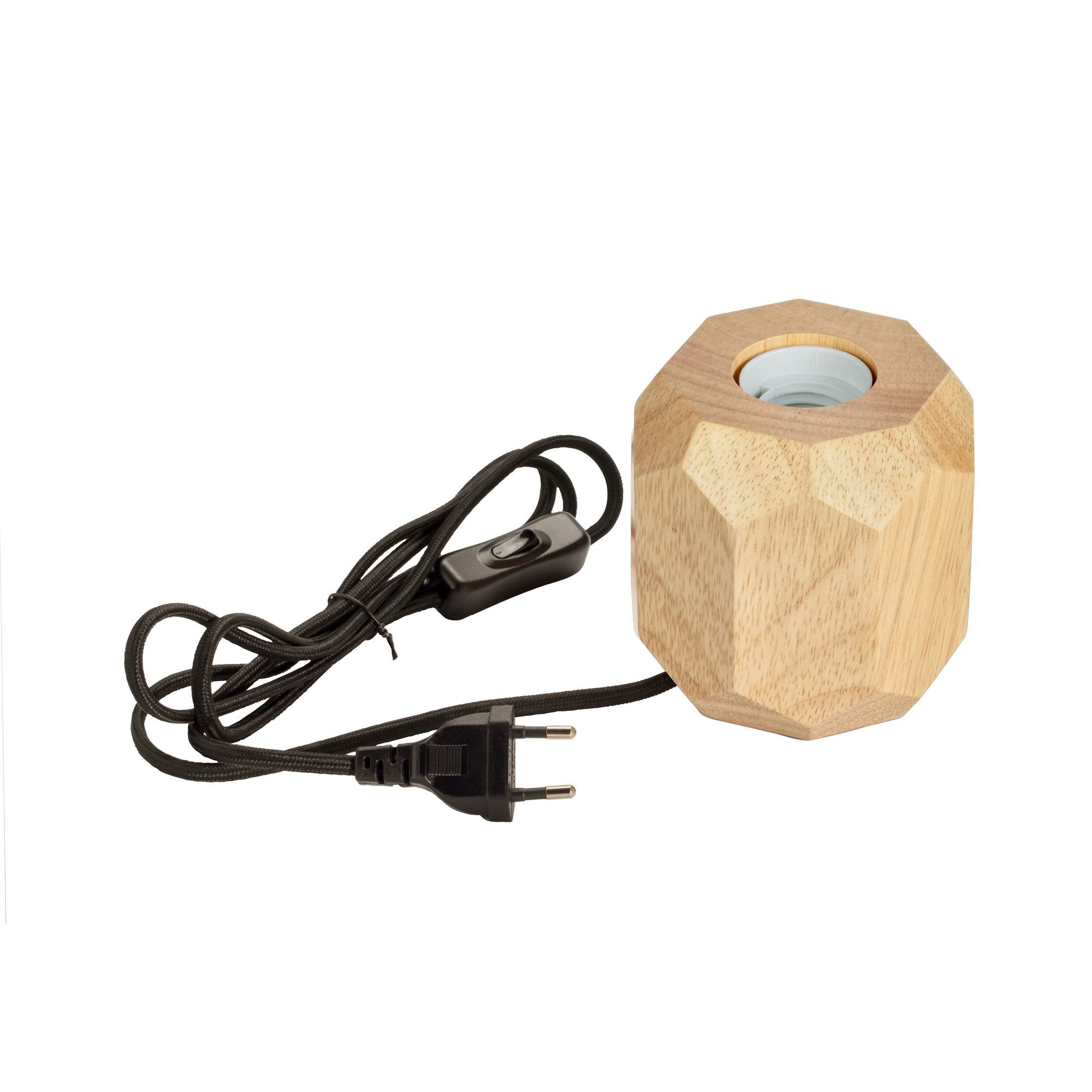 Holztischlampe mit hellfarbigem Holzfuß und schwarzem Elektrokabel.