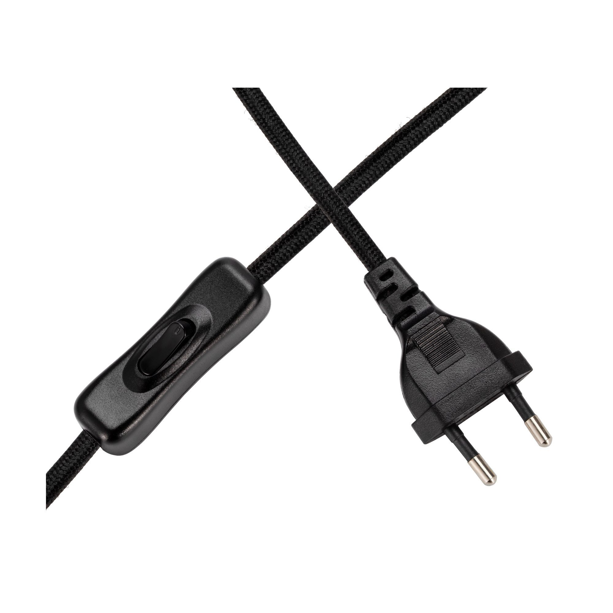 Schwarzes Stromkabel mit Ein/Aus-Schalter und Stecker.