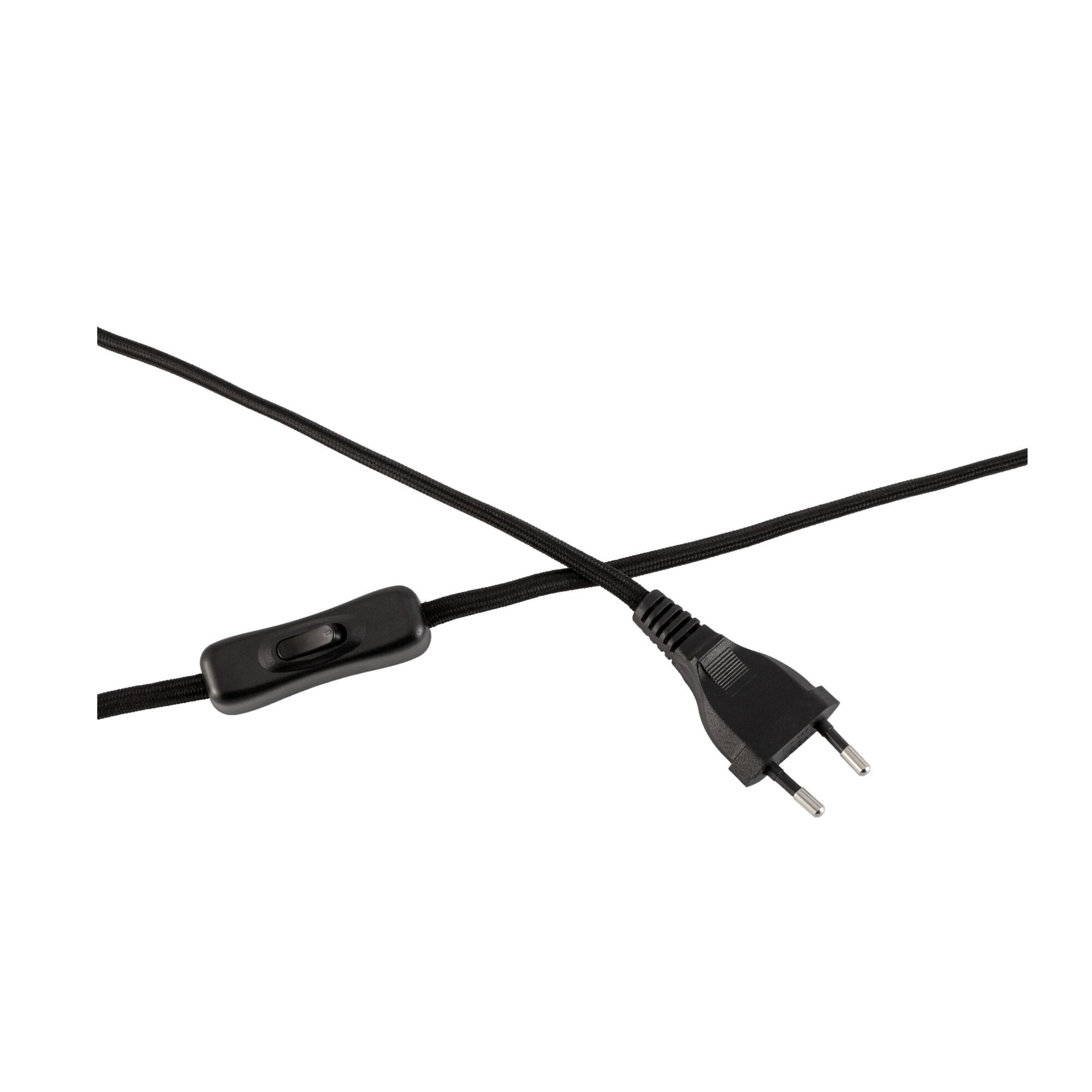 Schwarzes Netzkabel mit Schalter und Stecker. Weißer Hintergrund.