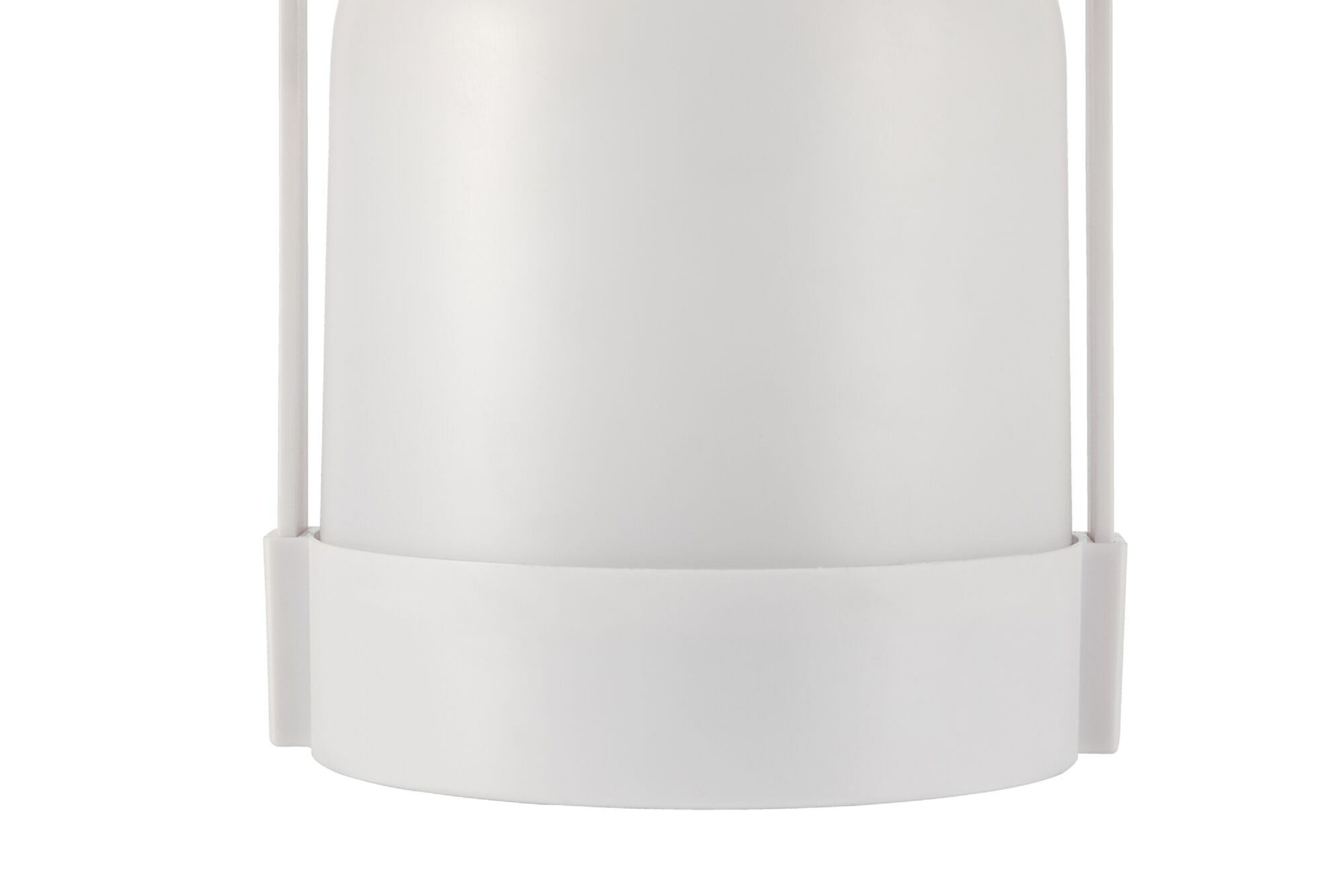 Biała lampa, cylindryczny kształt, z uchwytem.