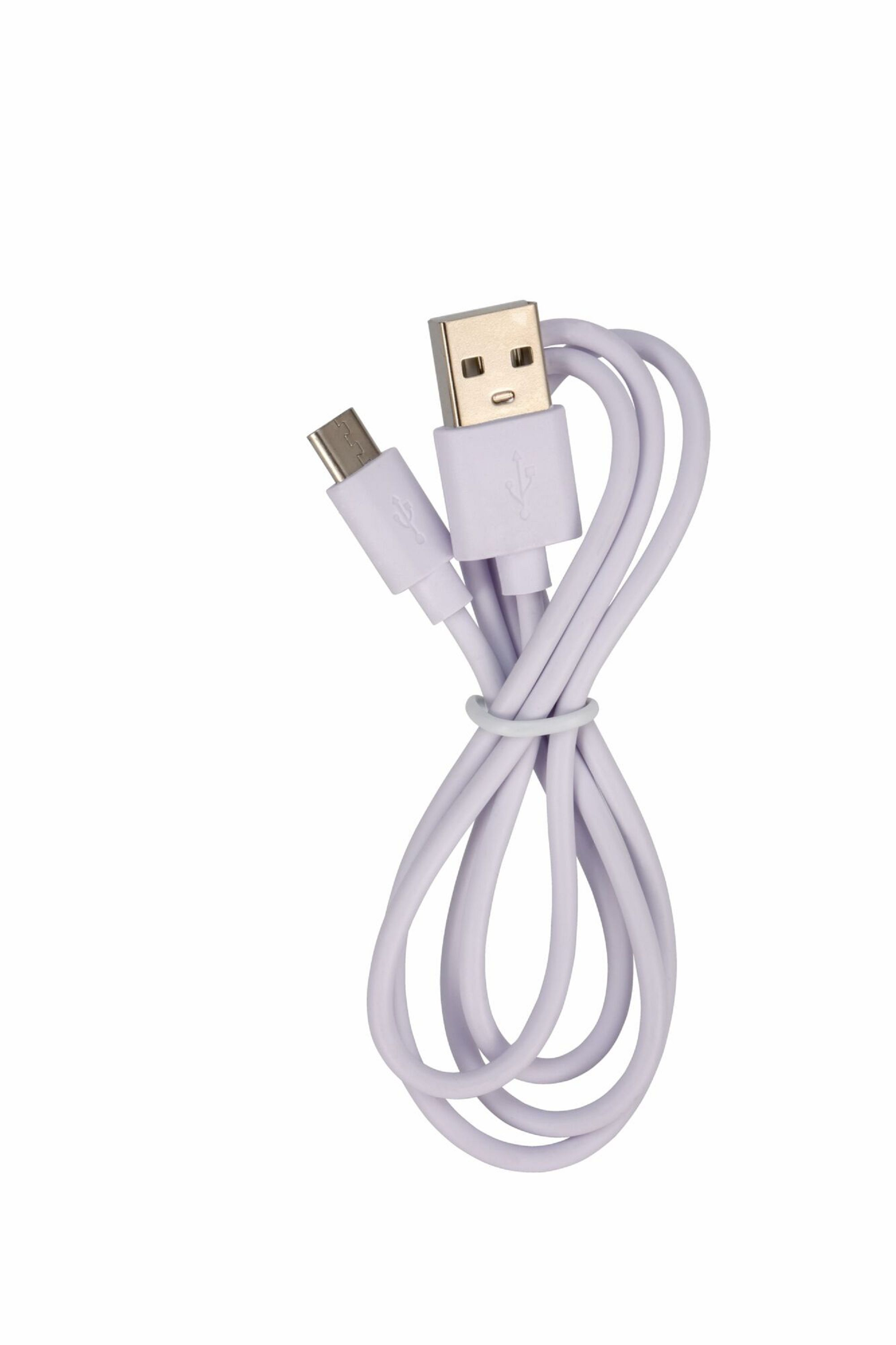 Weißes USB-zu-USB-C-Kabel, gekräuselt auf weißem Hintergrund.