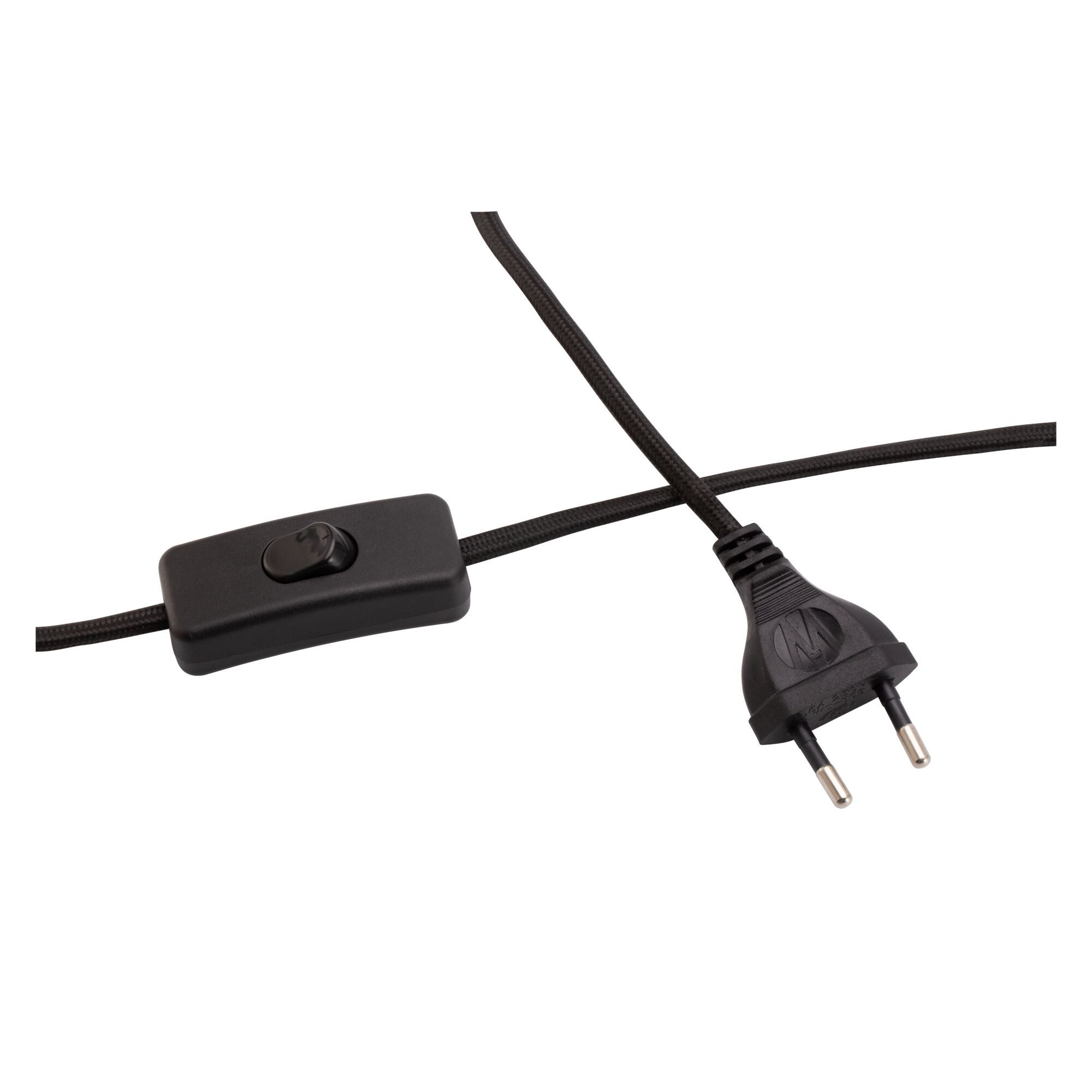 Czarny przewód z włącznikiem i wtyczką, na białym tle.
