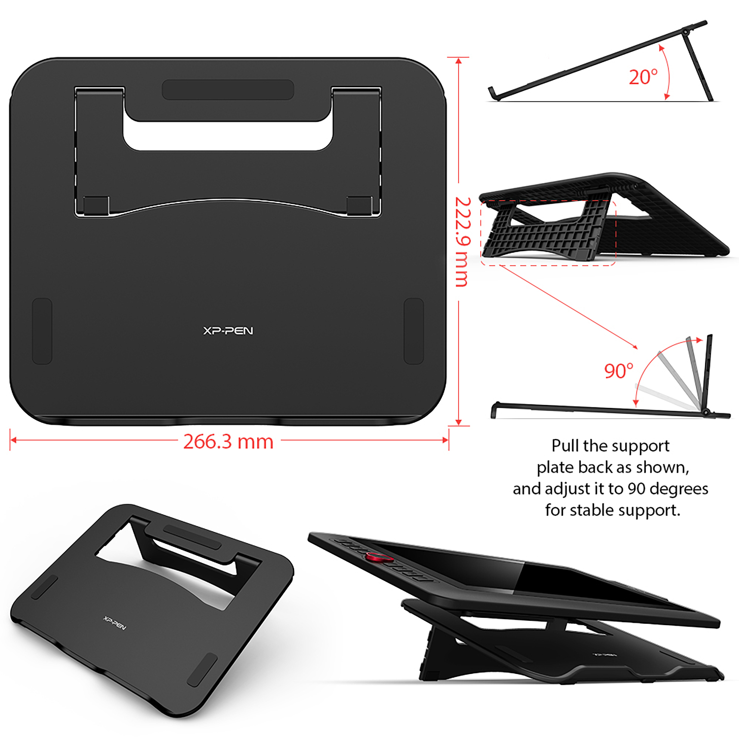 Schwarzer XP-Pen Tablet-Ständer. Er hat einen verstellbaren Winkel und ist 266,3 mm breit und 222,9 mm hoch. Mit Abmessungen.