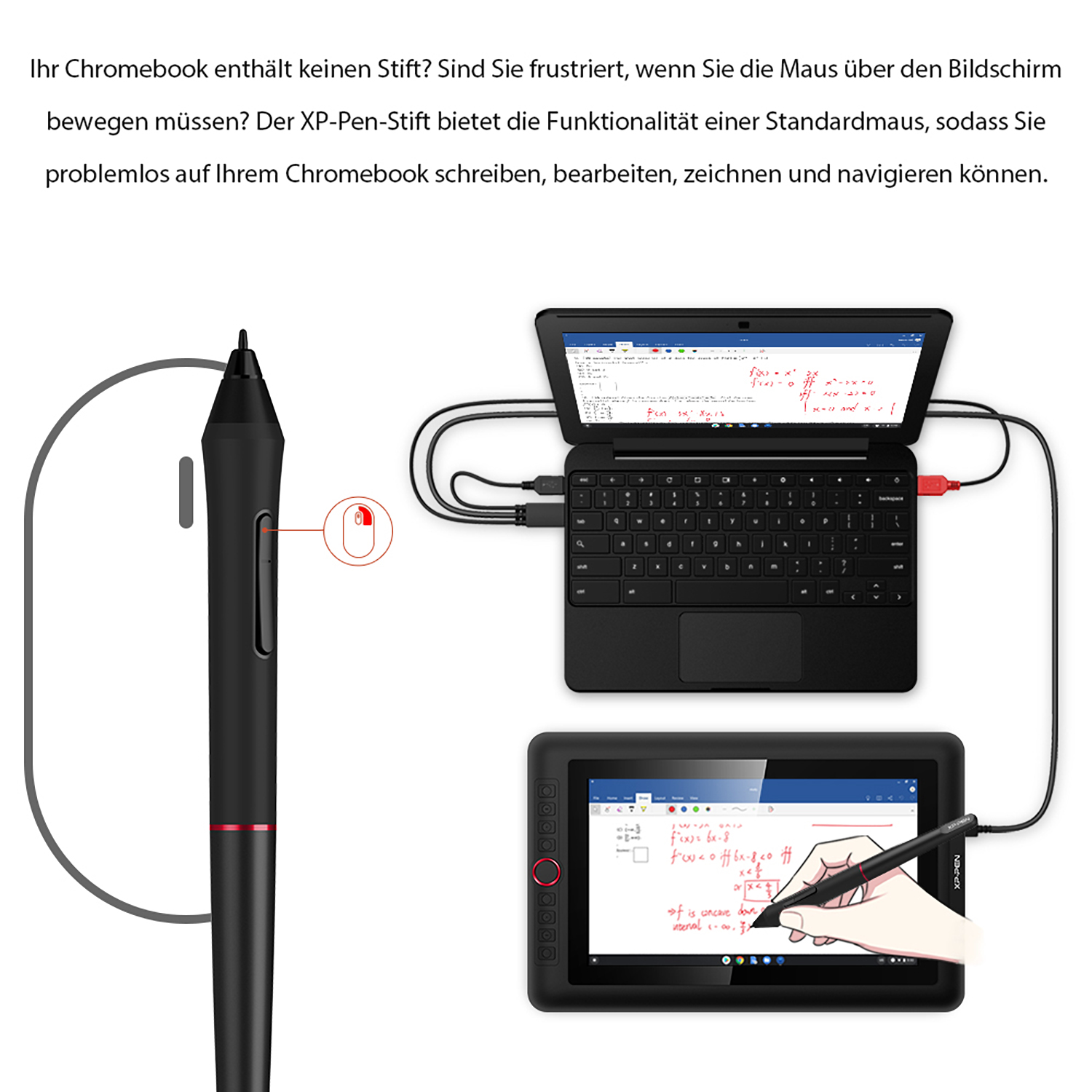 Schwarzer Stift und Tablet schreiben auf dem Bildschirm. Ein Laptop ist angeschlossen. Roter Knopf am Stift.